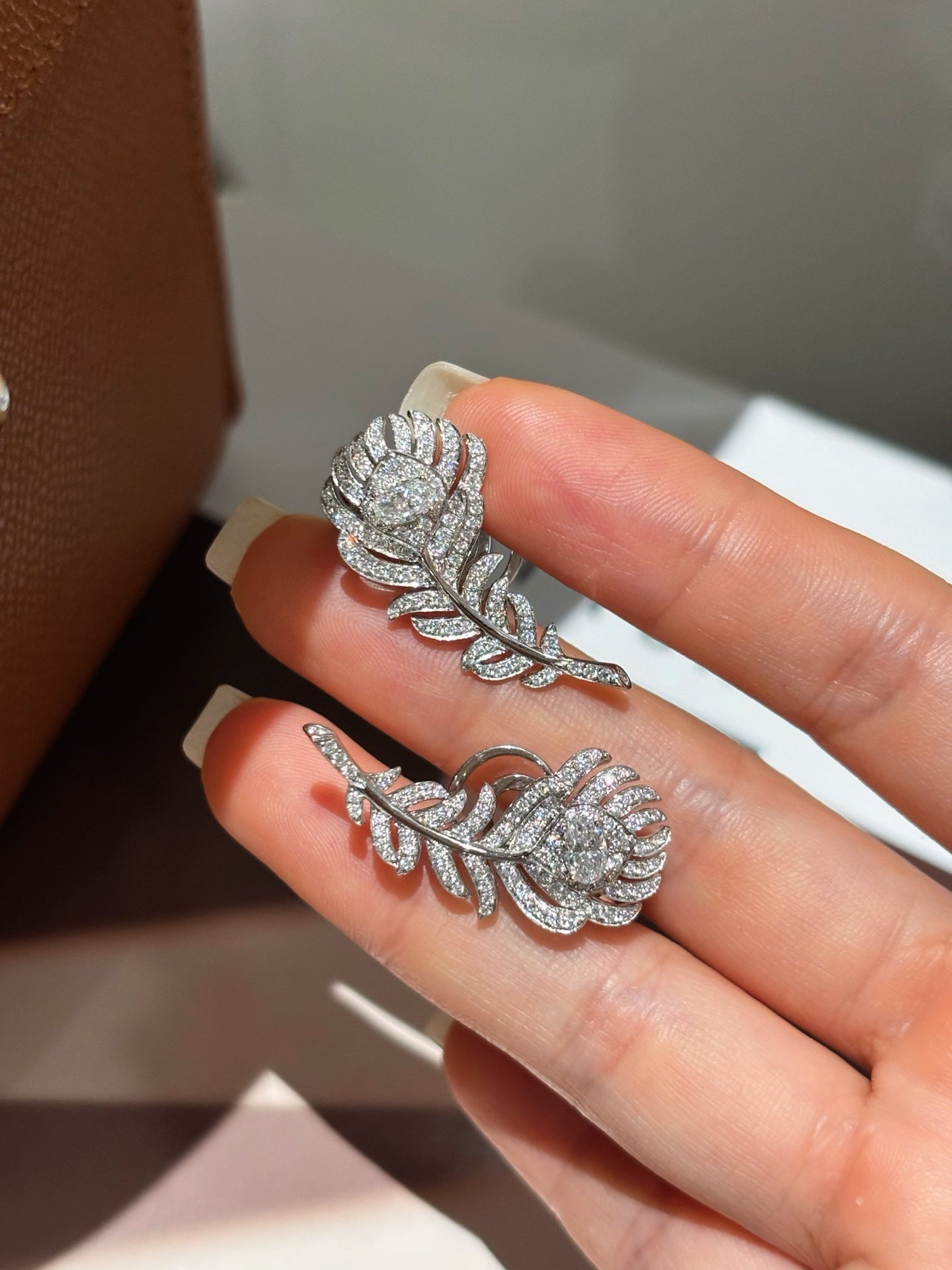 Pavé Lab Grown Diamond Peacock Feather Statement Earrings| 18K Gold