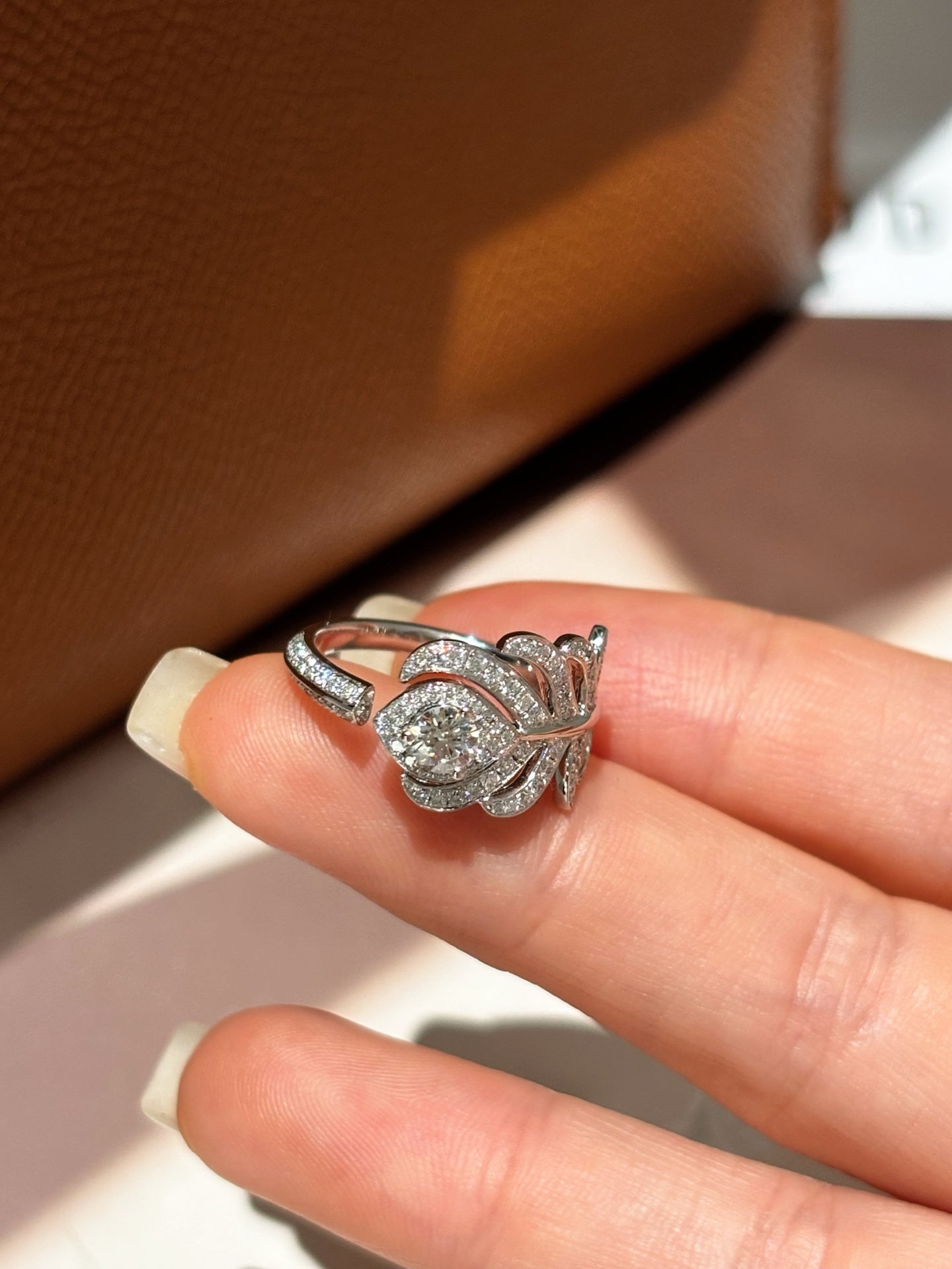 Marquise Diamond Pavé Lab Grown Peacock Feather Open Band Ring | Platinum