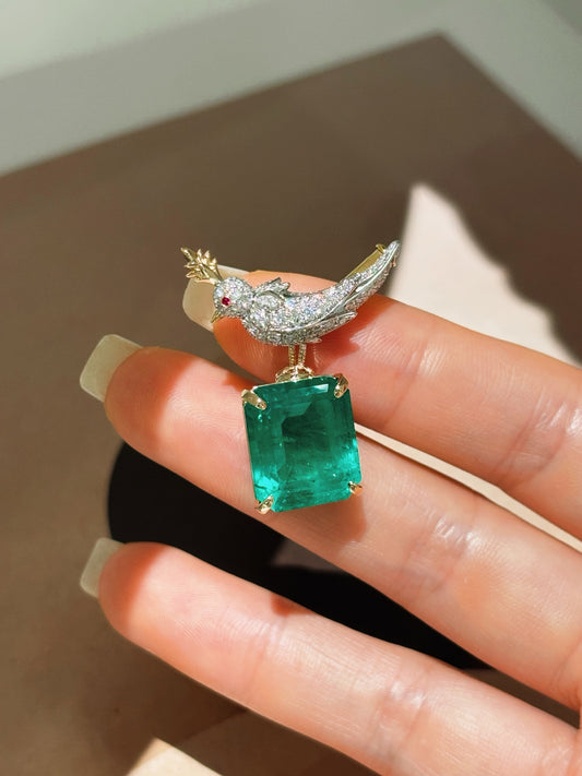 8.835CT Two-Tone Gold Emerald Cut Lab Grown Diamond Bird Motif Fine Jewelry Brooch Pin | 18K