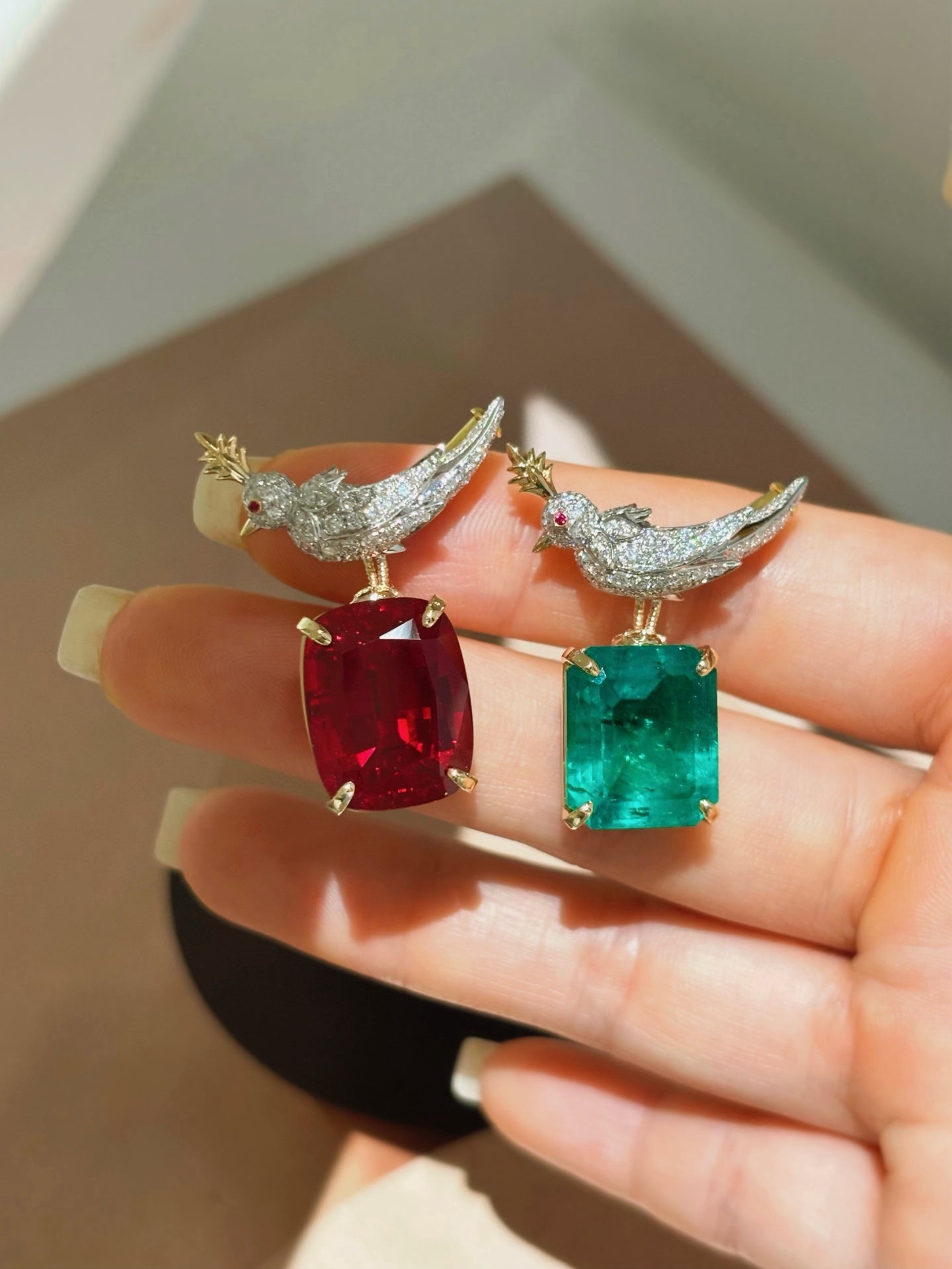 15CT Two-Tone Solid Gold Cushion Cut Lab Grown Ruby Diamond Bird Motif Convertible Brooch Pin | 18K