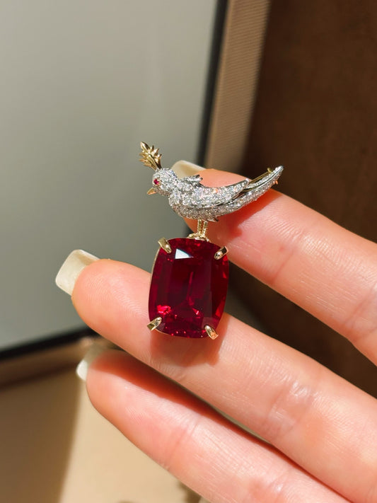 15CT Two-Tone Solid Gold Cushion Cut Lab Grown Ruby Diamond Bird Motif Convertible Brooch Pin | 18K