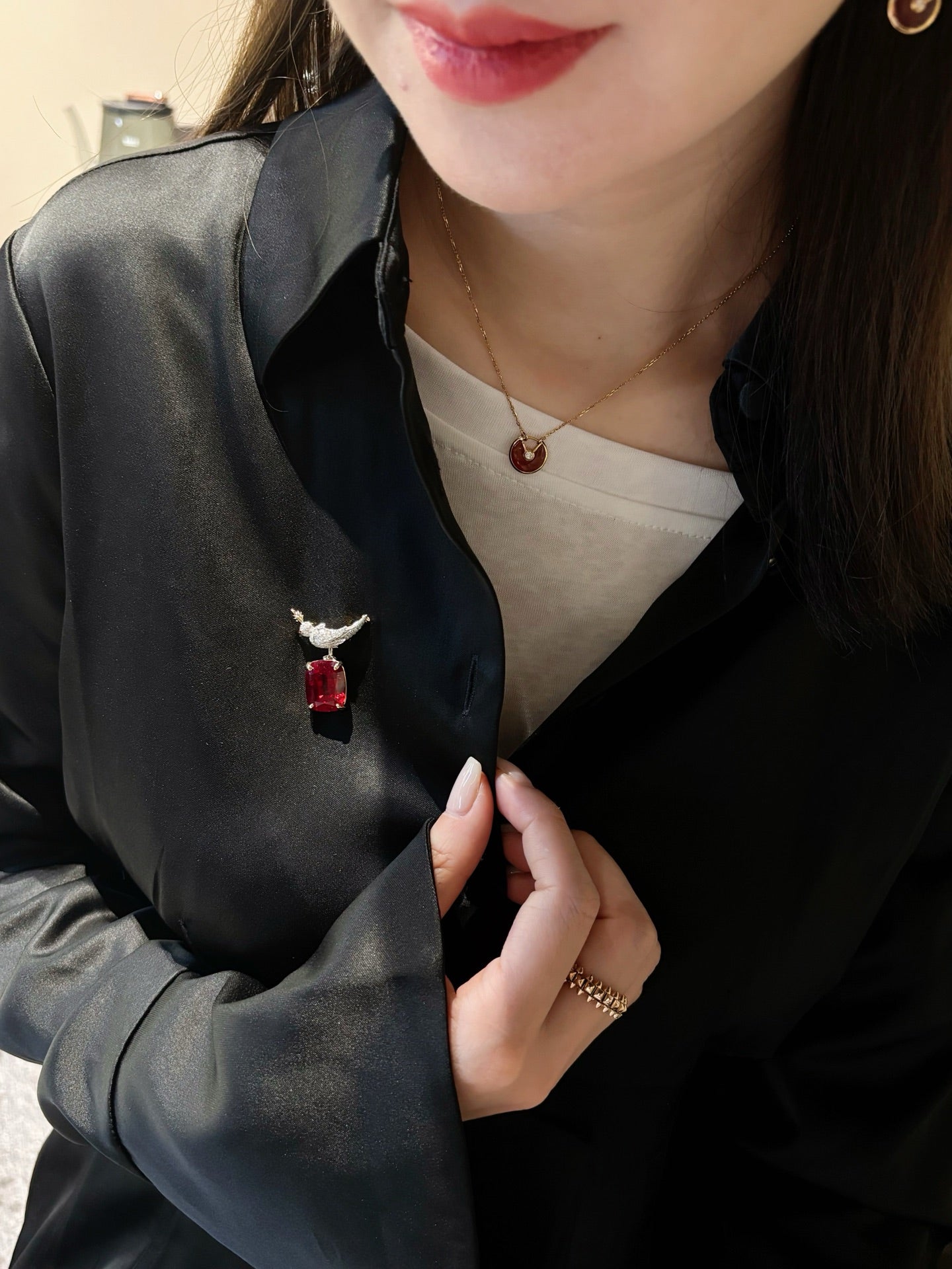 15CT Two-Tone Solid Gold Cushion Cut Lab Grown Ruby Diamond Bird Motif Convertible Brooch Pin | 18K