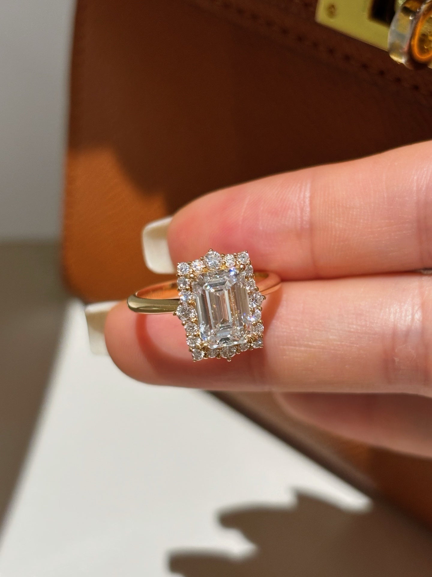 2CT Emerald Cut Lab Grown Diamond Halo Pavé Solitaire Engagement Ring | 18K Gold