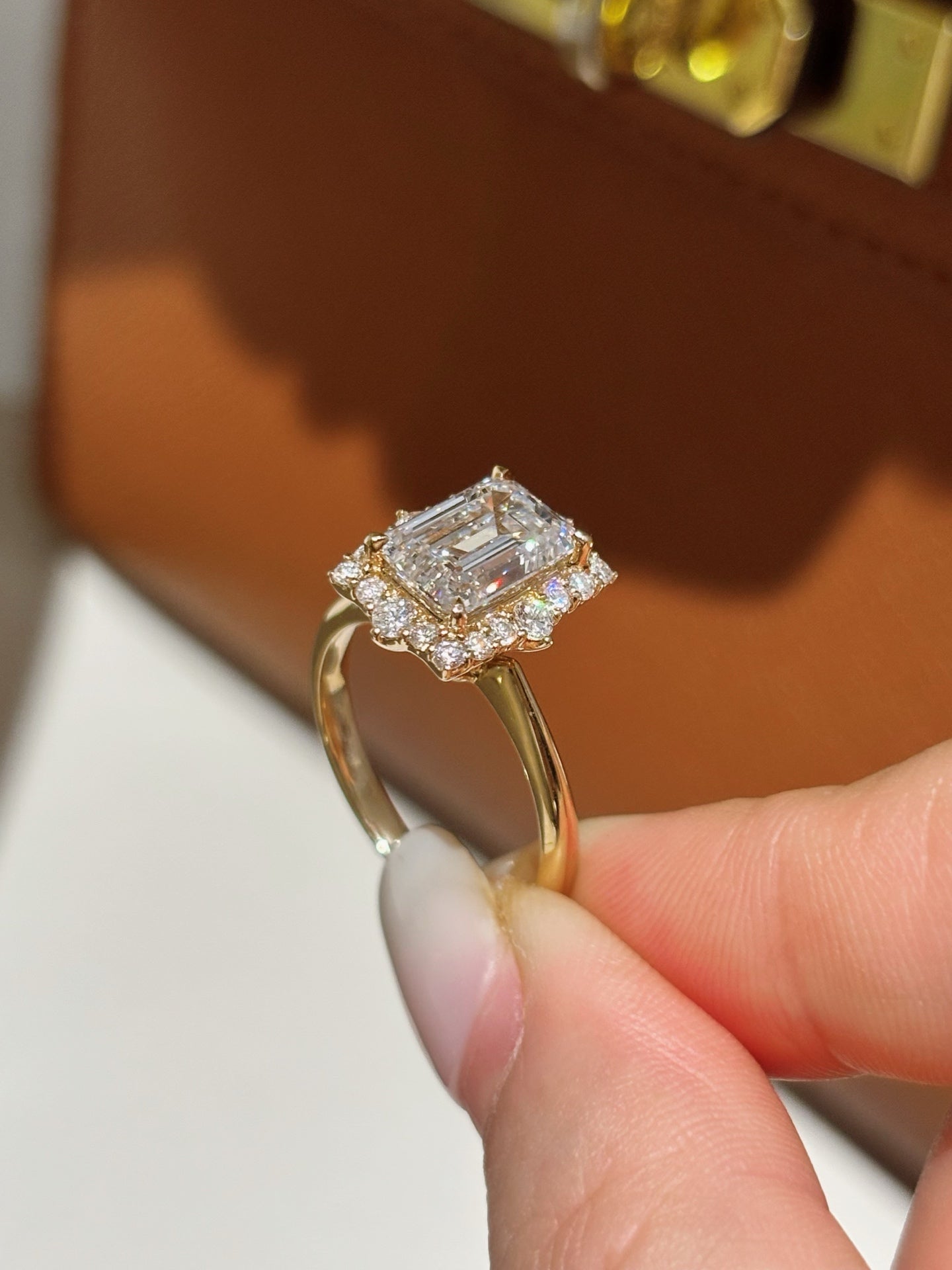 2CT Emerald Cut Lab Grown Diamond Halo Pavé Solitaire Engagement Ring | 18K Gold
