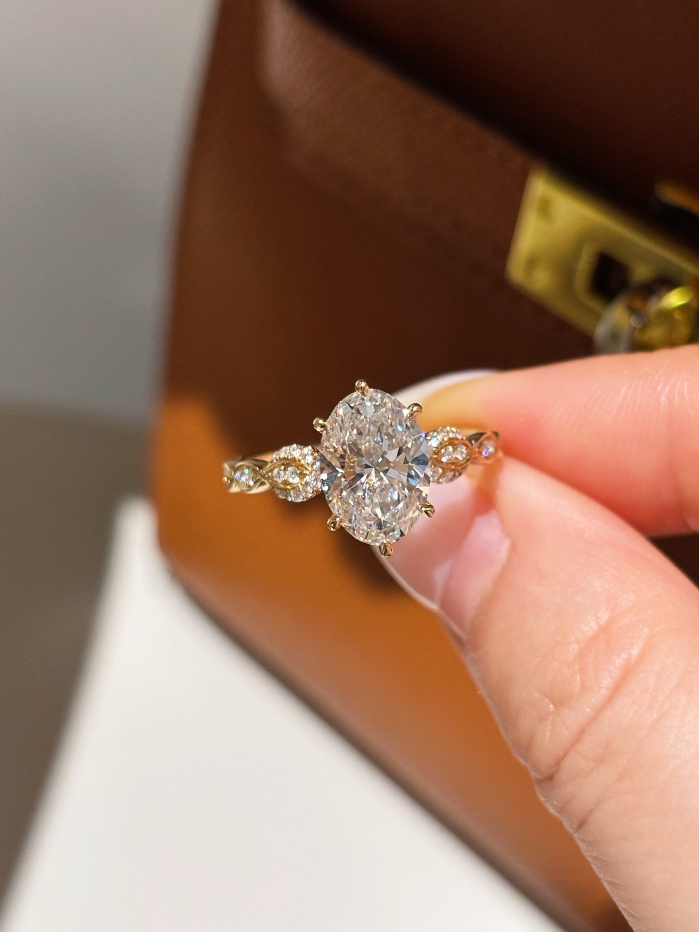 Oval Cut Lab Grown Diamond Floral Pavé Accent Engagement Solitaire Ring | 18K Gold