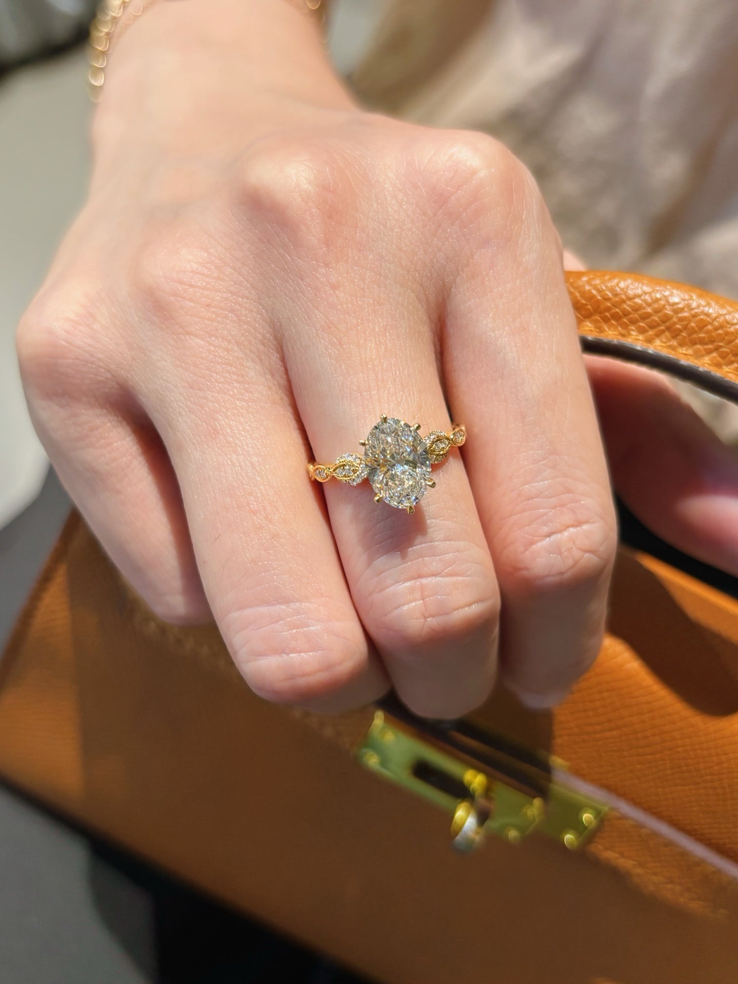 Oval Cut Lab Grown Diamond Floral Pavé Accent Engagement Solitaire Ring | 18K Gold