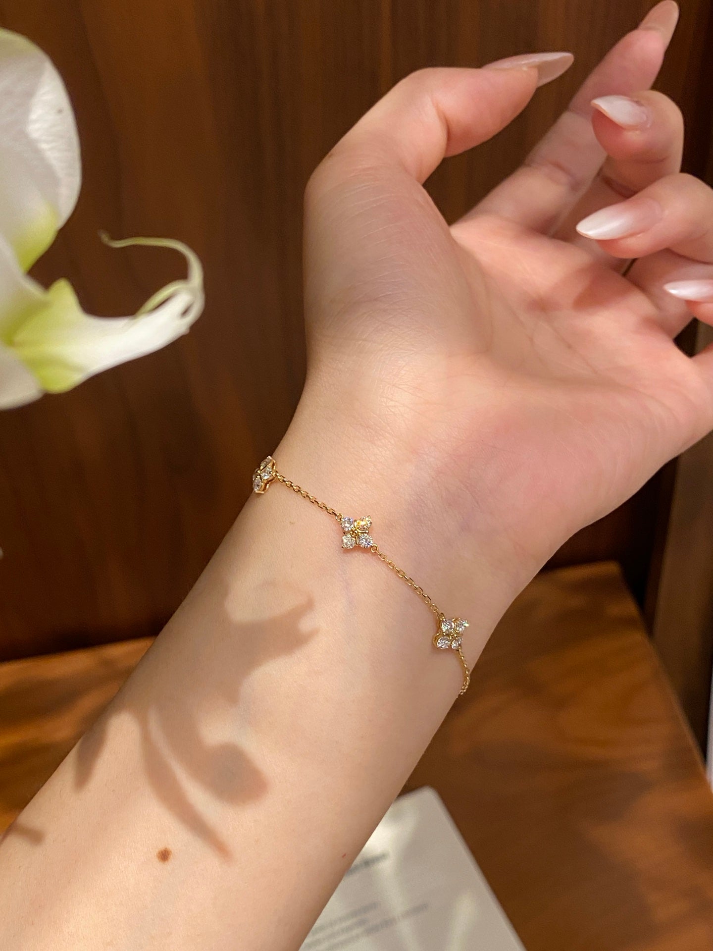 Four Leaf Clover Cluster Lab Grown Diamond Station Chain Bracelet | 18K Yellow Gold