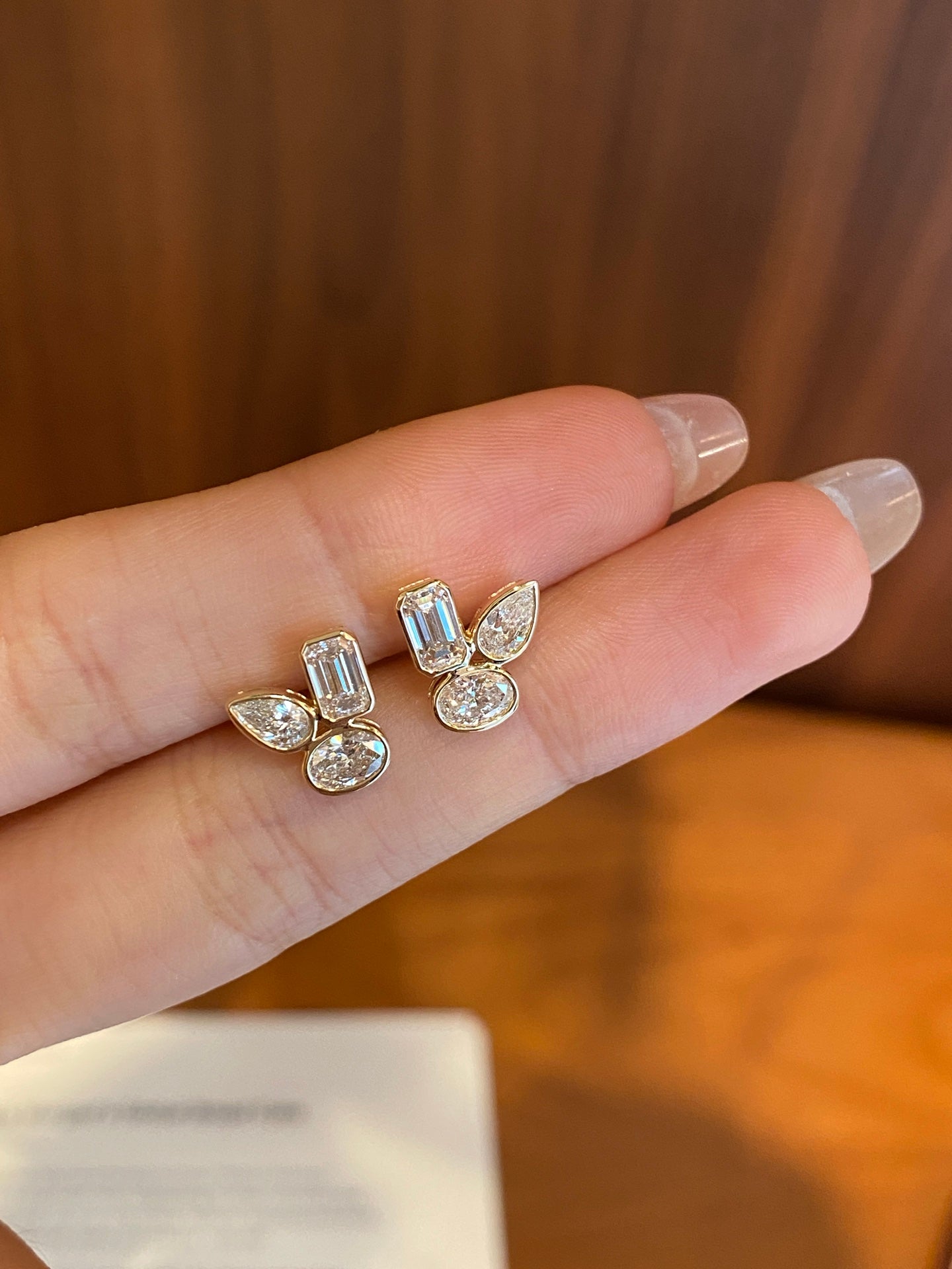 Mixed-Cut Lab-Grown Diamond Three-Stone Bezel Stud Earrings | 14K Gold