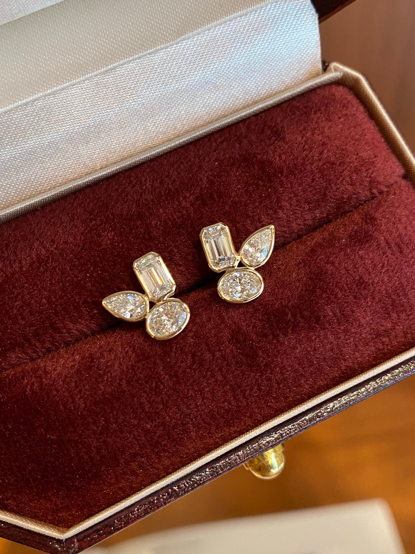 Mixed-Cut Lab-Grown Diamond Three-Stone Bezel Stud Earrings | 14K Gold