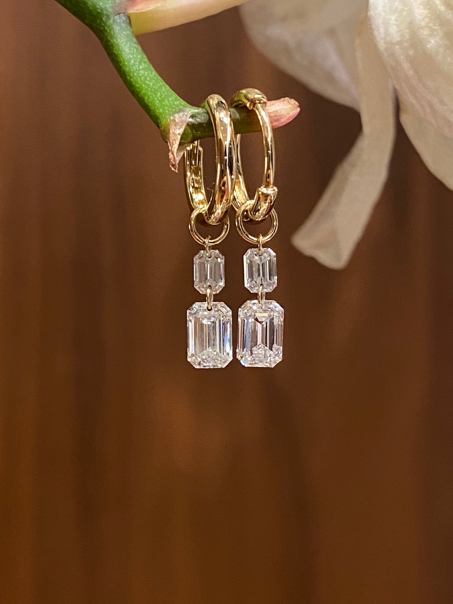Lab-Grown Diamond Double Emerald Cut Drop Huggie Earrings | 14K Gold