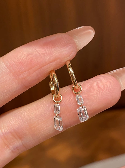 Lab-Grown Diamond Double Emerald Cut Drop Huggie Earrings | 14K Gold