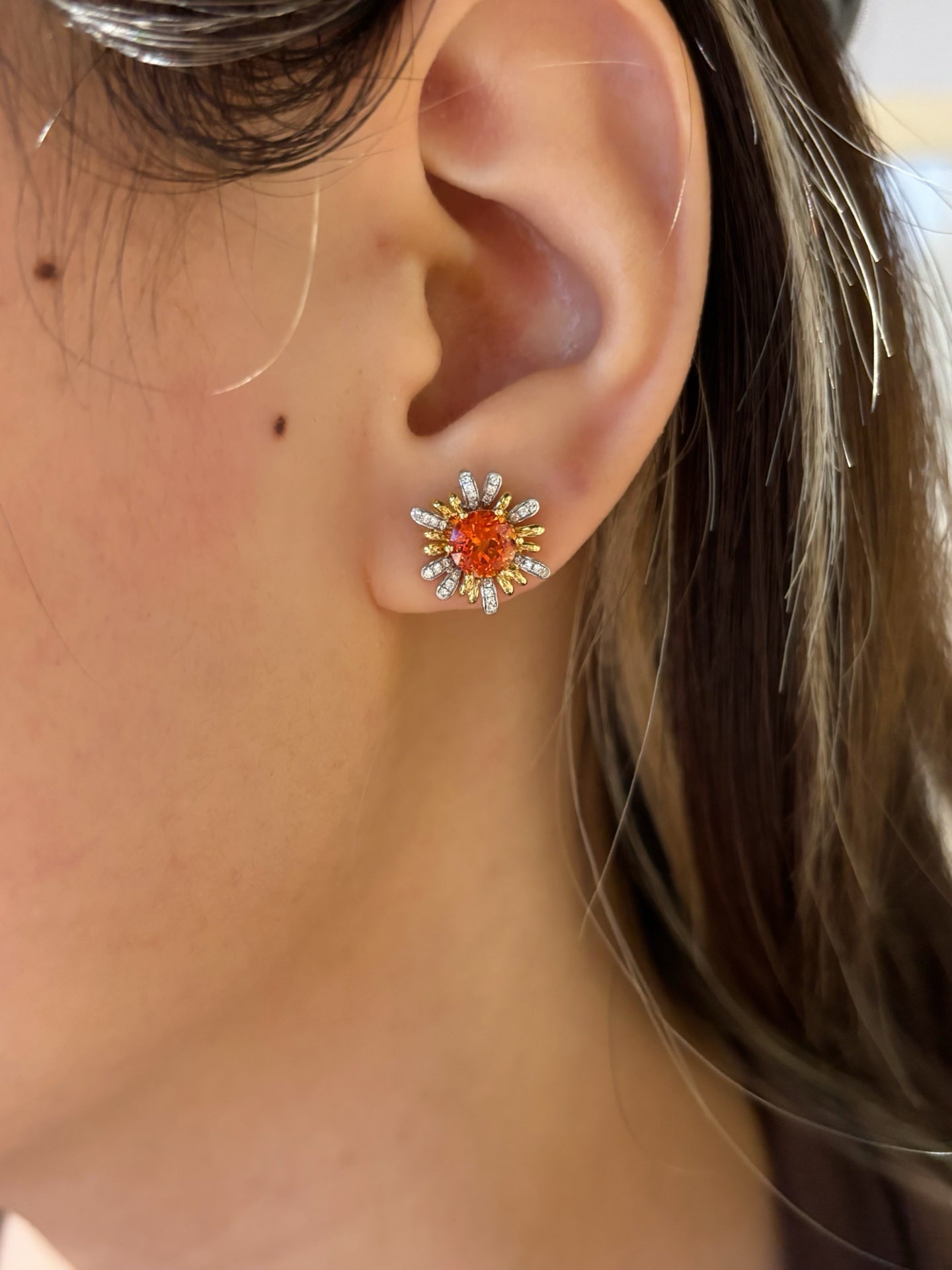 Round Orange Lab-Grown Gemstone Sunflower Diamond Halo Stud Earrings | 18K Gold