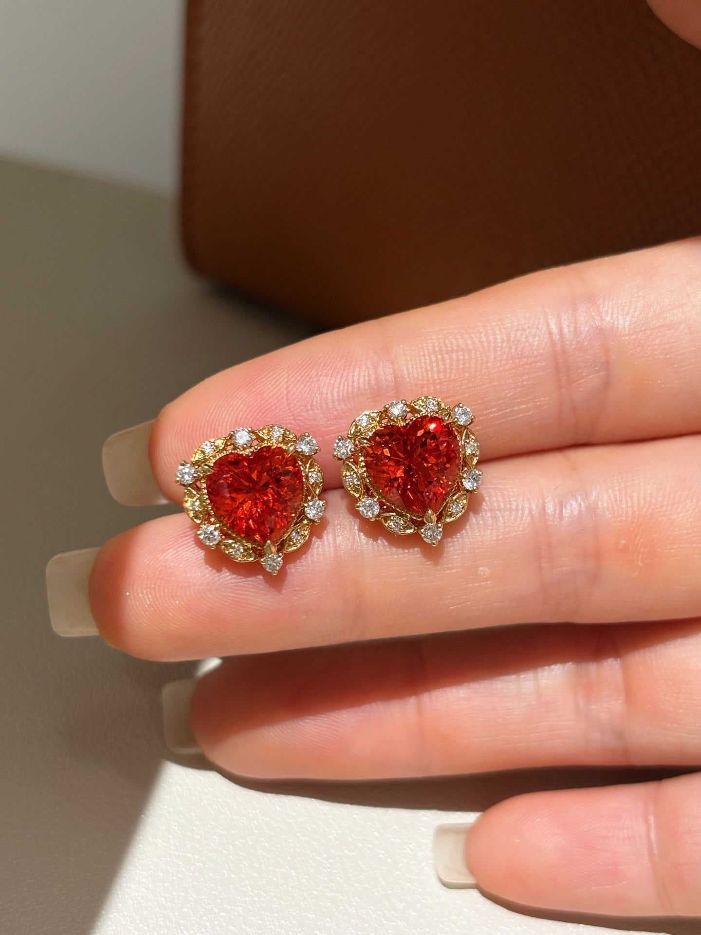 Heart-Shaped Orange Lab-Grown Gemstone with Diamond Halo Stud Earrings | 18K Gold