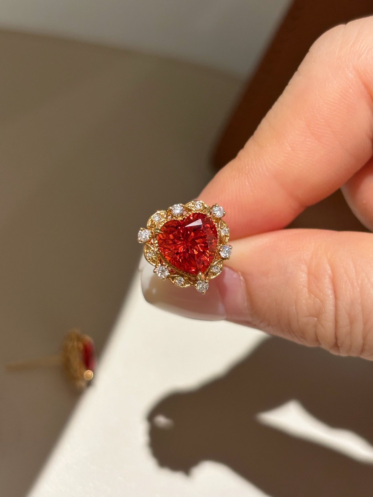 Heart-Shaped Orange Lab-Grown Gemstone with Diamond Halo Stud Earrings | 18K Gold