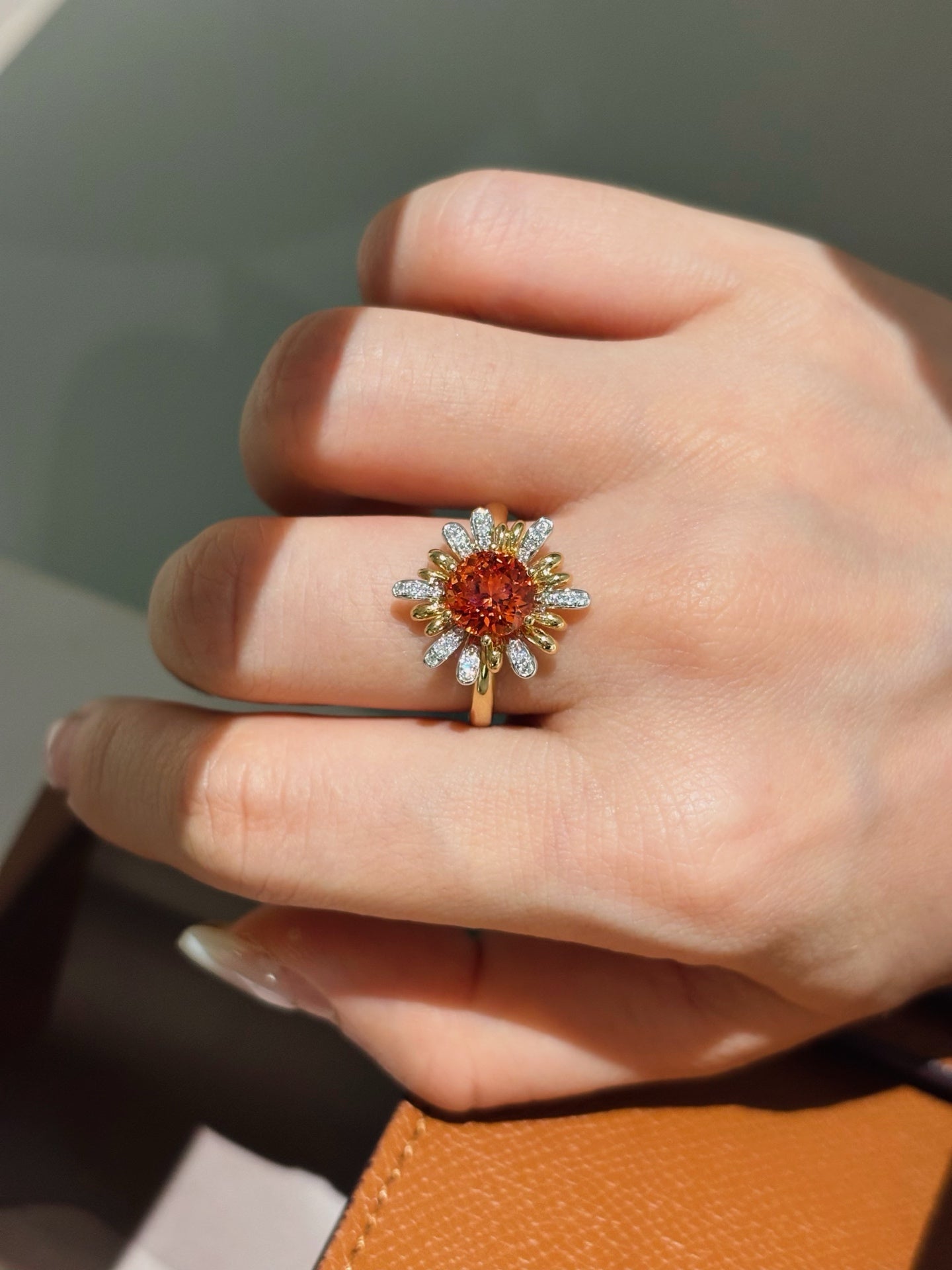 Round Orange Lab-Grown Gemstone with Diamond Sunflower Halo Statement Ring | 18K Gold