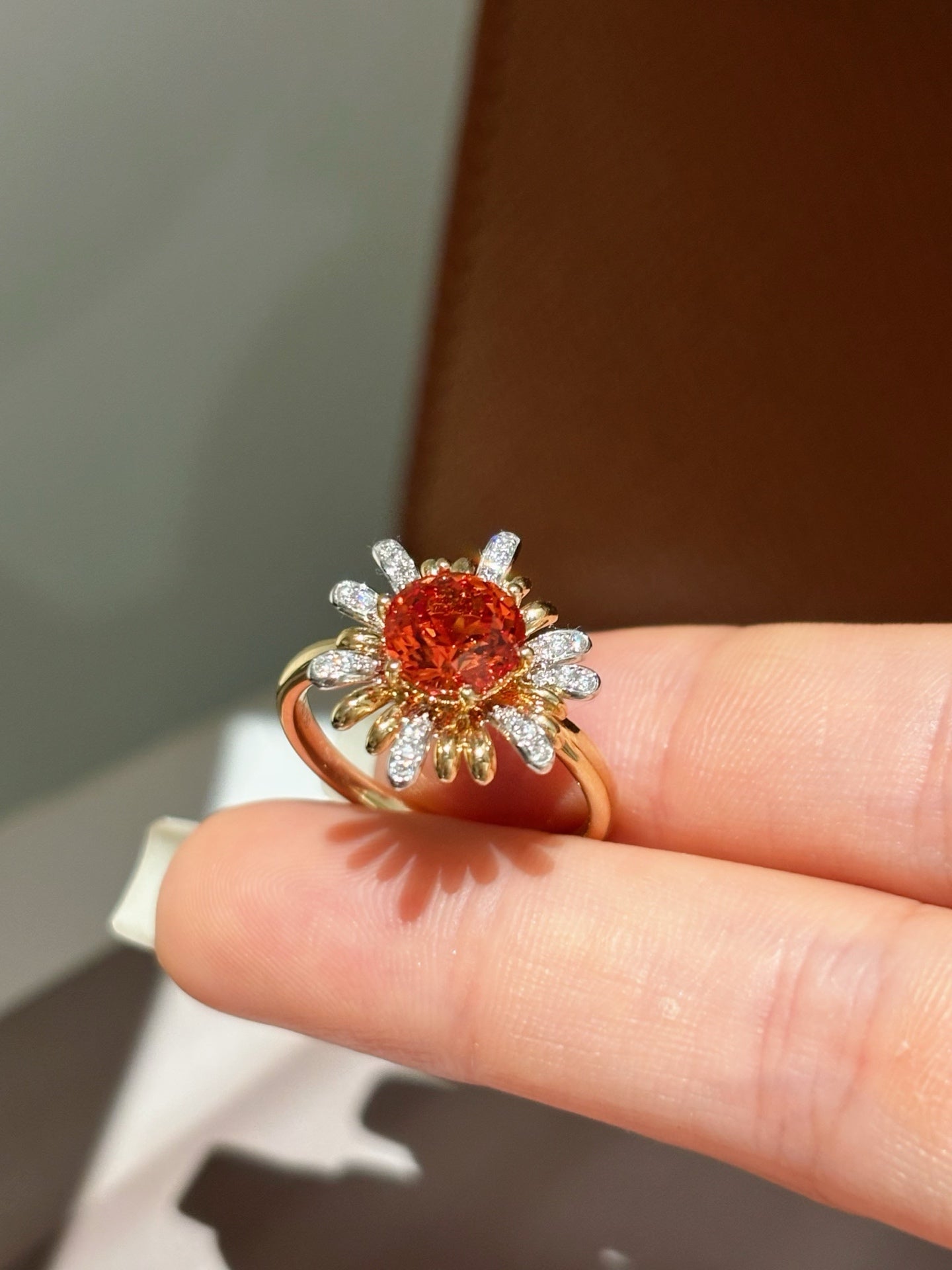 Round Orange Lab-Grown Gemstone with Diamond Sunflower Halo Statement Ring | 18K Gold
