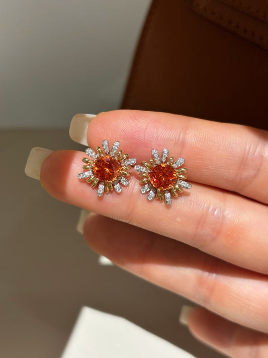 Round Orange Lab-Grown Gemstone Sunflower Diamond Halo Stud Earrings | 18K Gold