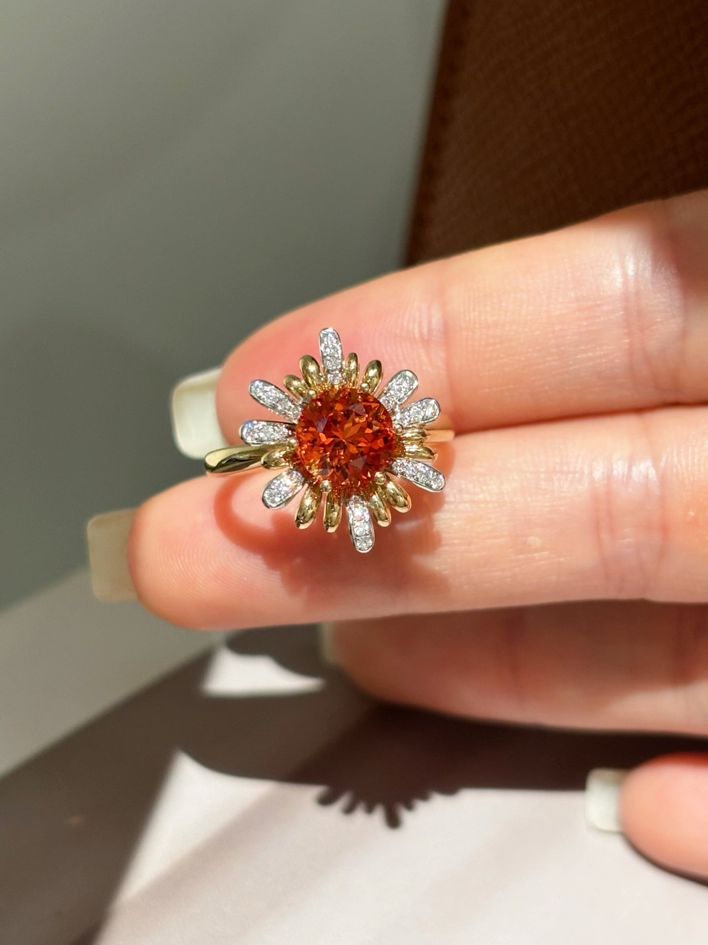 Round Orange Lab-Grown Gemstone with Diamond Sunflower Halo Statement Ring | 18K Gold