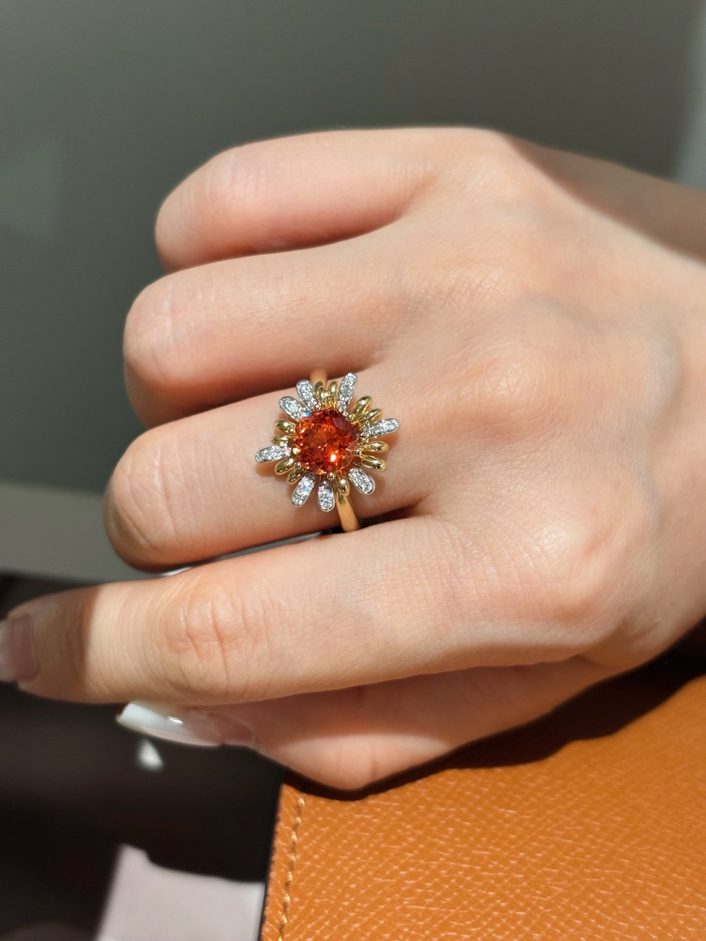 Round Orange Lab-Grown Gemstone with Diamond Sunflower Halo Statement Ring | 18K Gold
