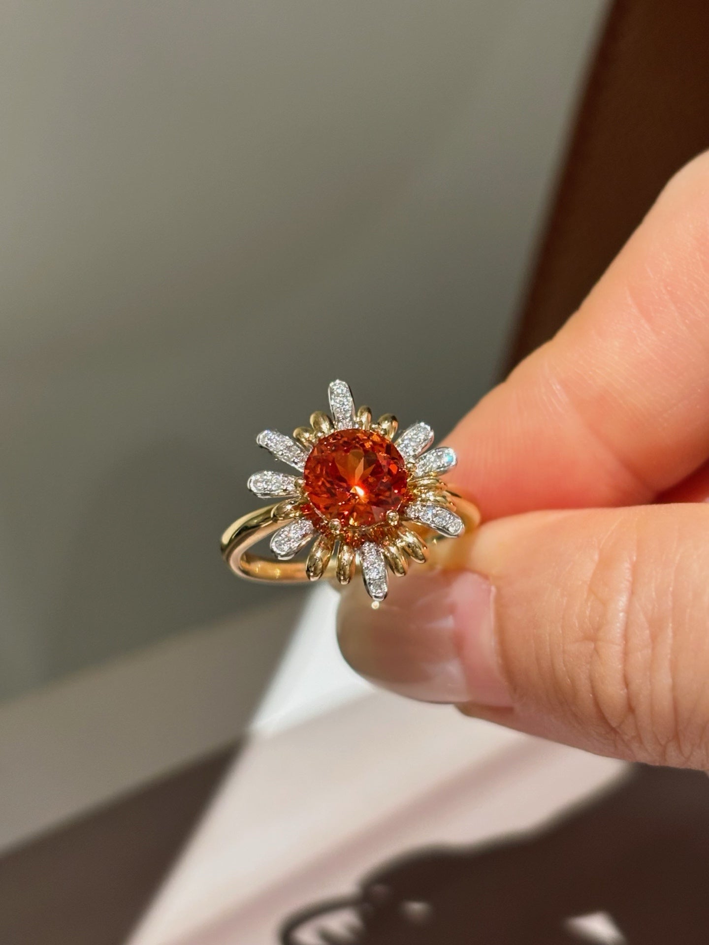 Round Orange Lab-Grown Gemstone with Diamond Sunflower Halo Statement Ring | 18K Gold