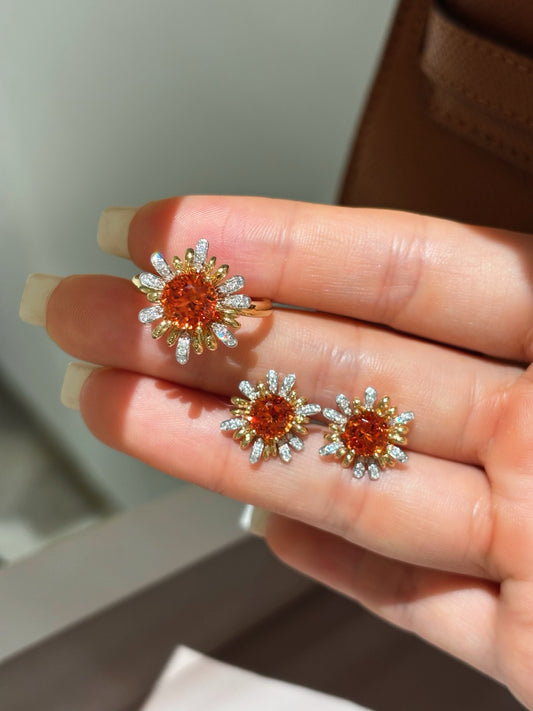 Round Orange Lab-Grown Gemstone Sunflower Diamond Halo Stud Earrings | 18K Gold