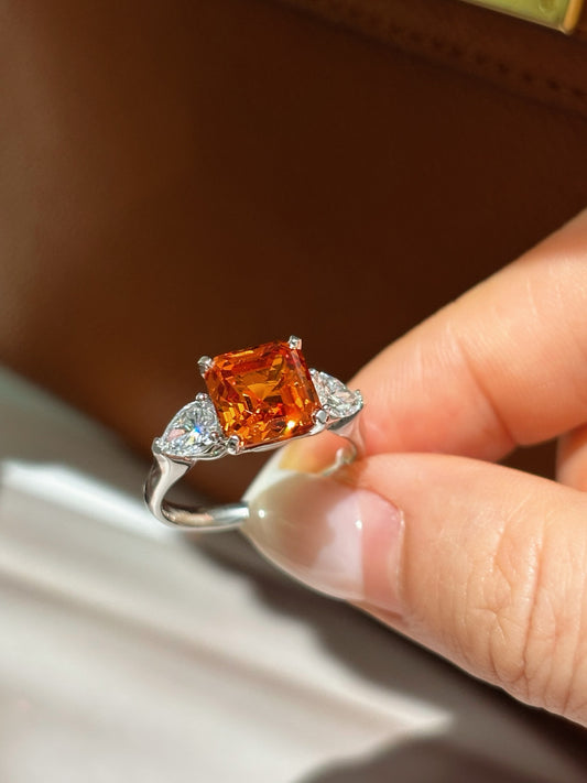 Orange Lab-Grown Gemstone with Pear Diamond Accent Three-Stone Engagement | Platinum