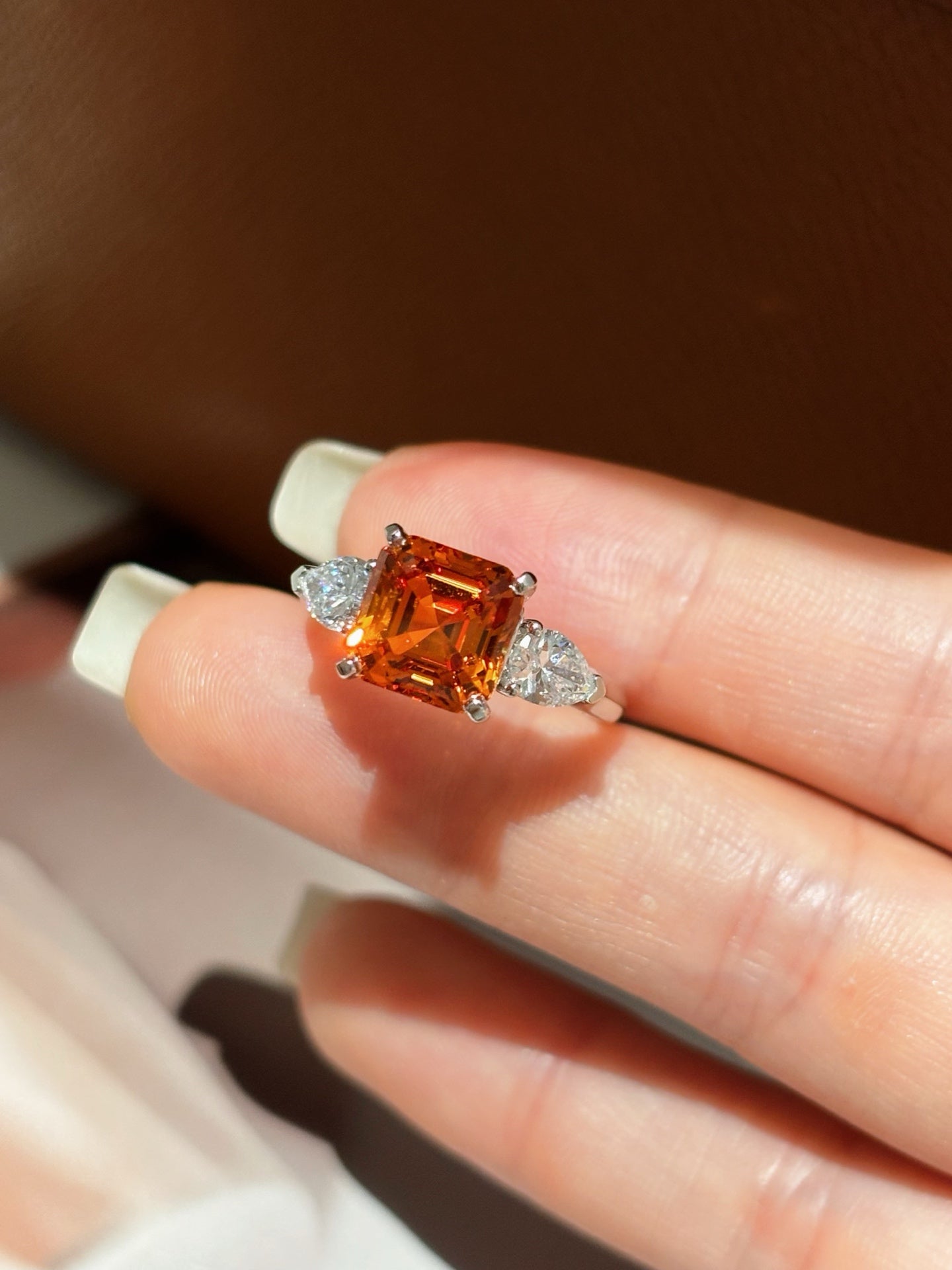 Orange Lab-Grown Gemstone with Pear Diamond Accent Three-Stone Engagement | Platinum