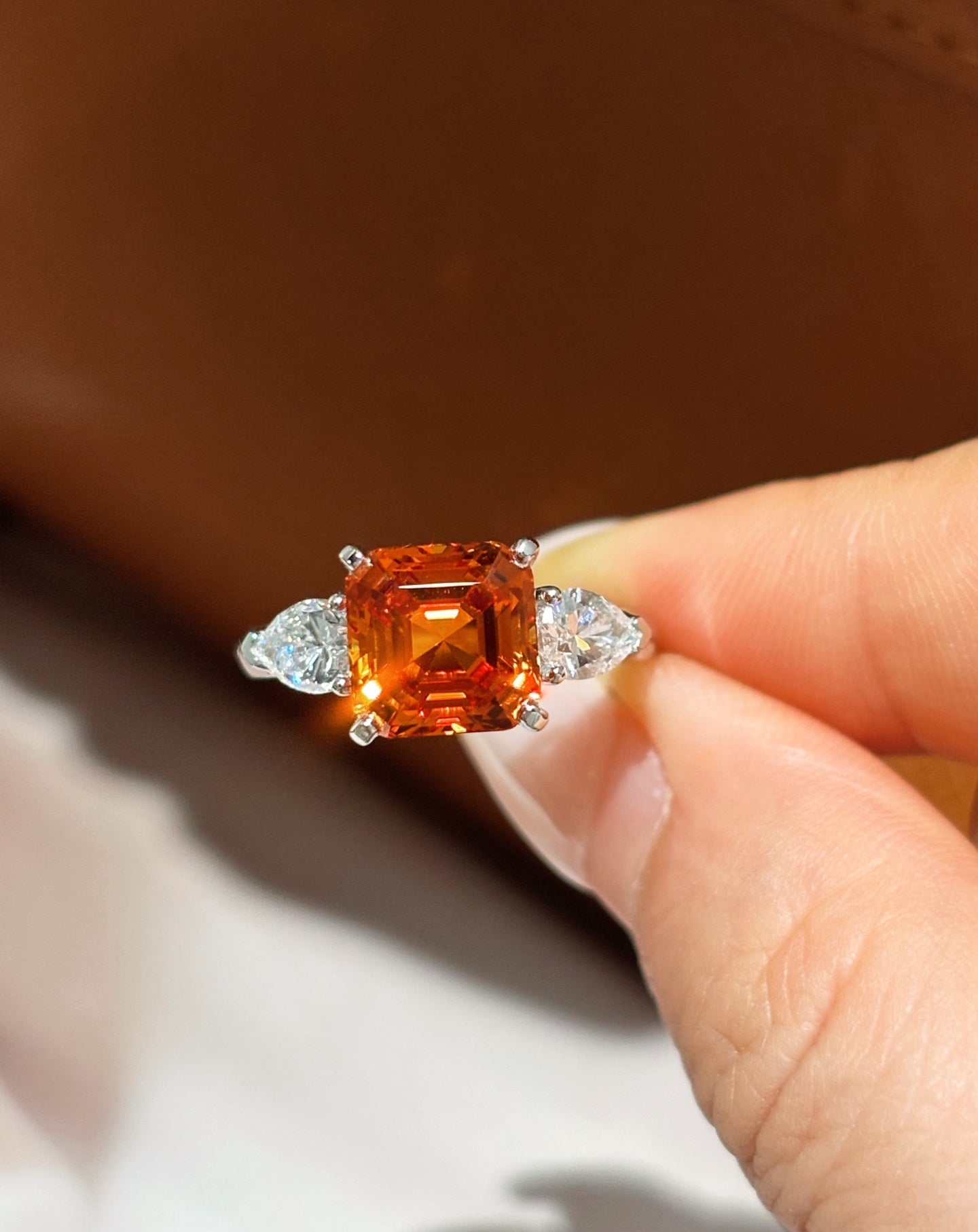Orange Lab-Grown Gemstone with Pear Diamond Accent Three-Stone Engagement | Platinum