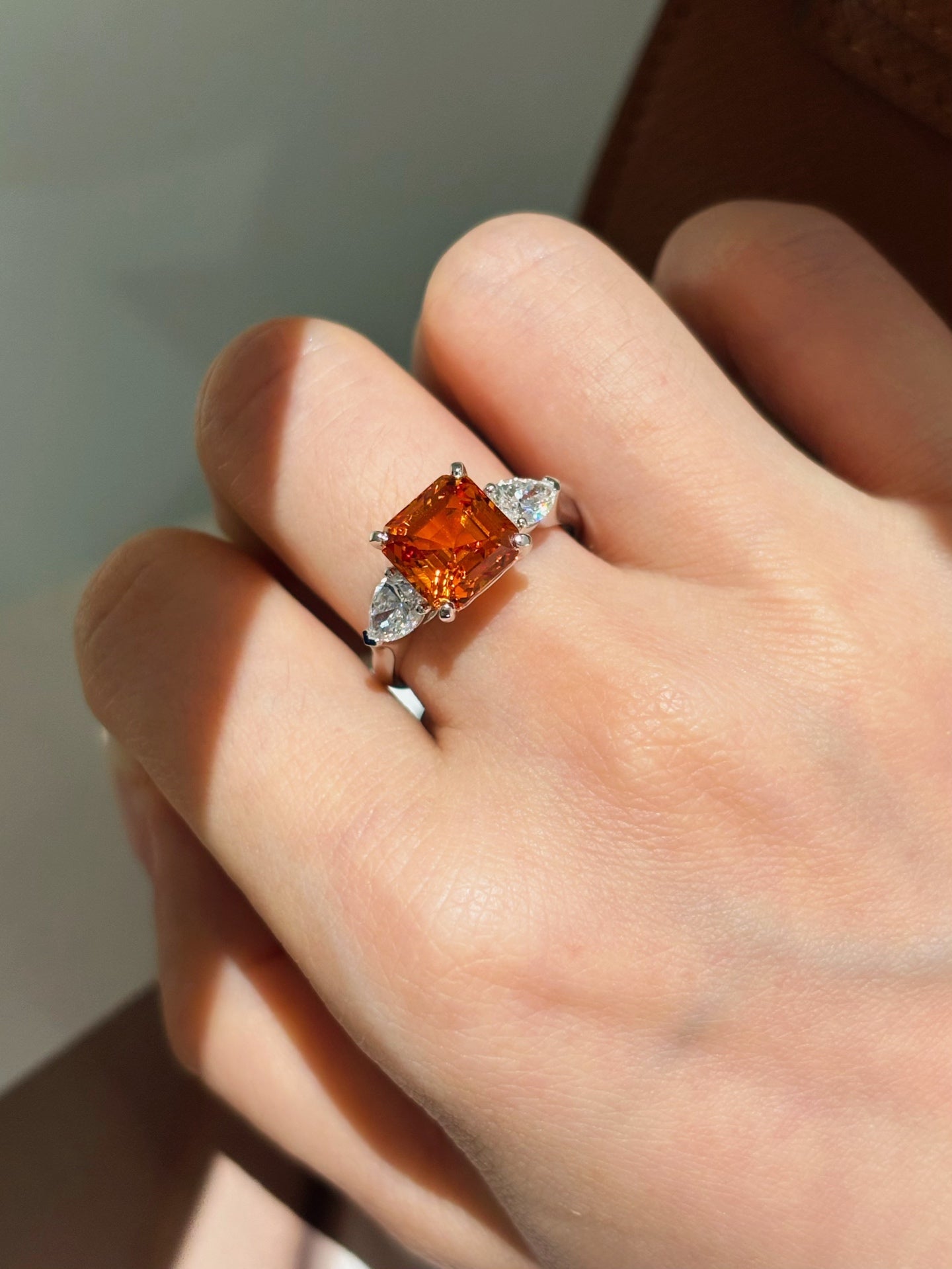 Orange Lab-Grown Gemstone with Pear Diamond Accent Three-Stone Engagement | Platinum