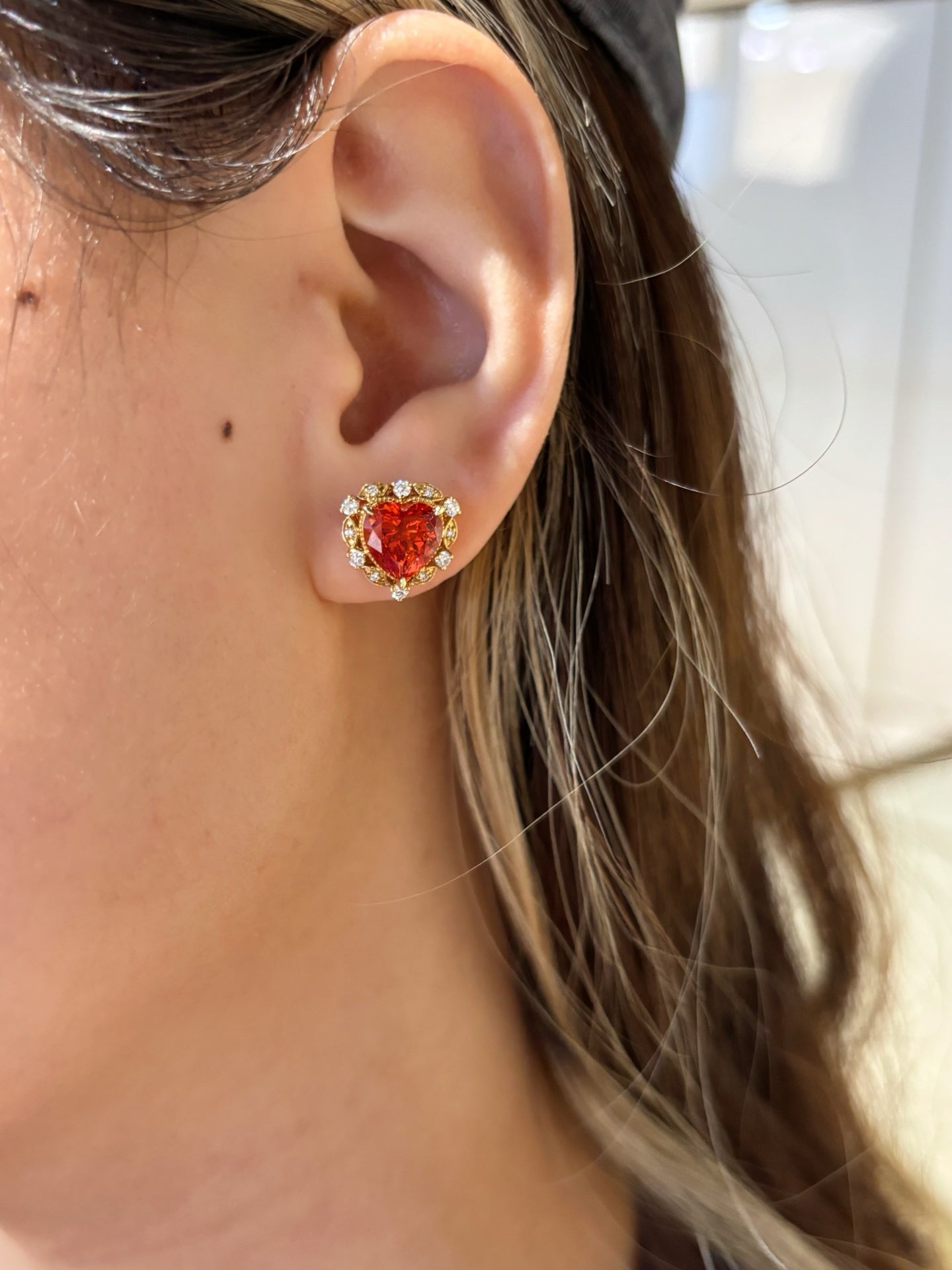 Heart-Shaped Orange Lab-Grown Gemstone with Diamond Halo Stud Earrings | 18K Gold