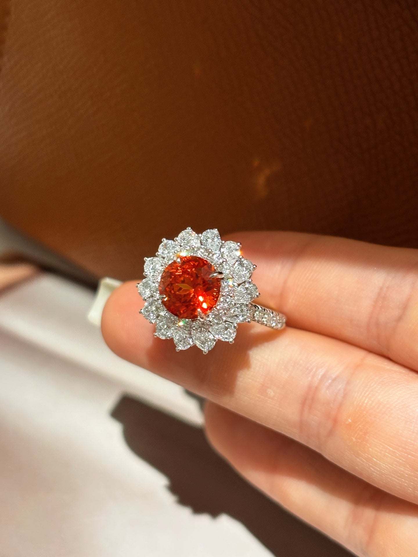 Round Orange Lab-Grown Gemstone with Diamond Double Halo & Pavé Band Engagement Ring | 18K Gold