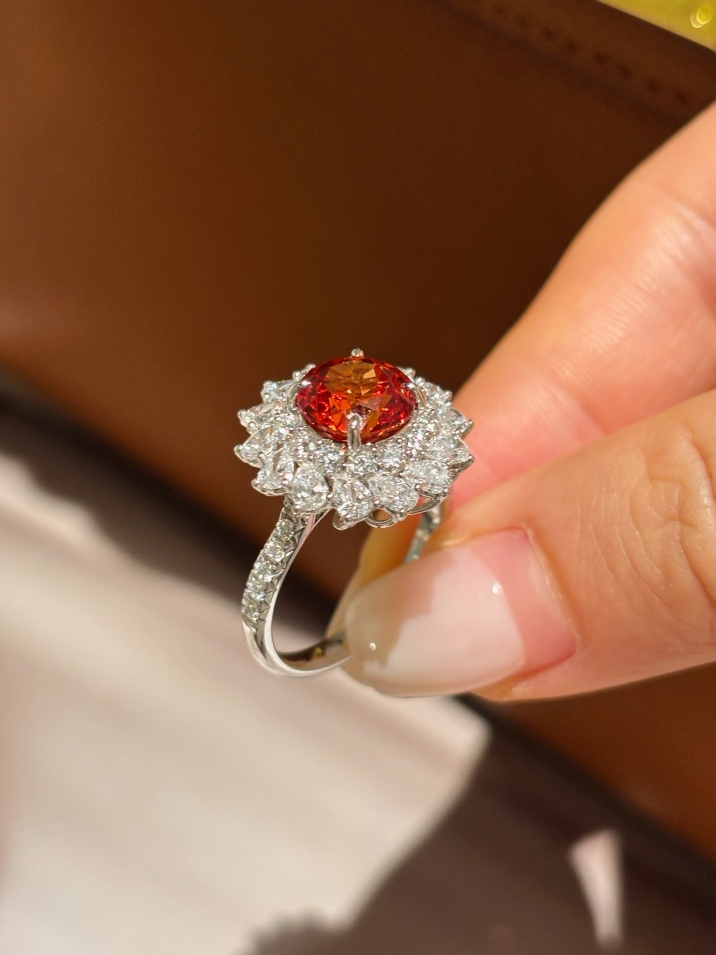 Round Orange Lab-Grown Gemstone with Diamond Double Halo & Pavé Band Engagement Ring | 18K Gold