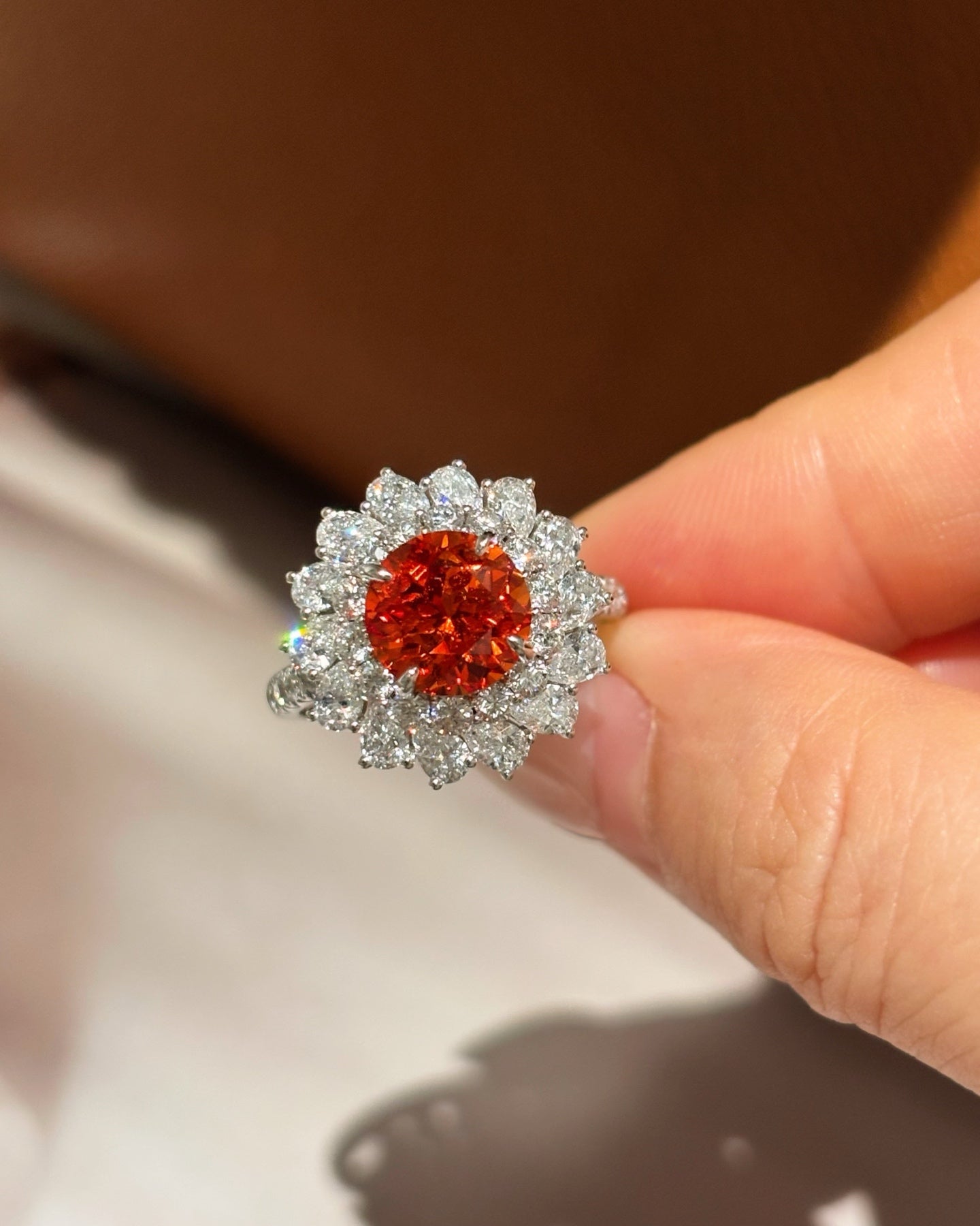 Round Orange Lab-Grown Gemstone with Diamond Double Halo & Pavé Band Engagement Ring | 18K Gold