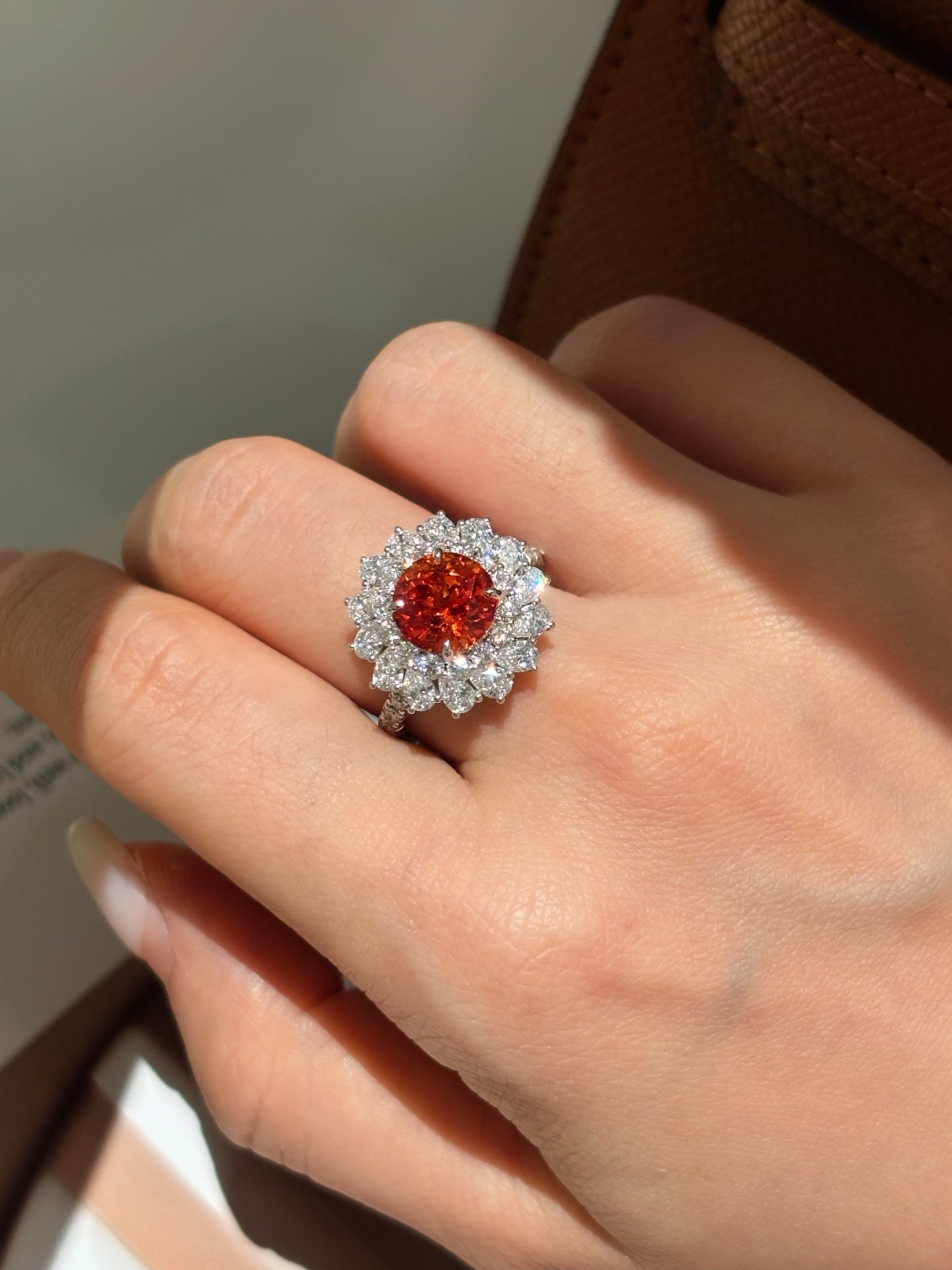Round Orange Lab-Grown Gemstone with Diamond Double Halo & Pavé Band Engagement Ring | 18K Gold