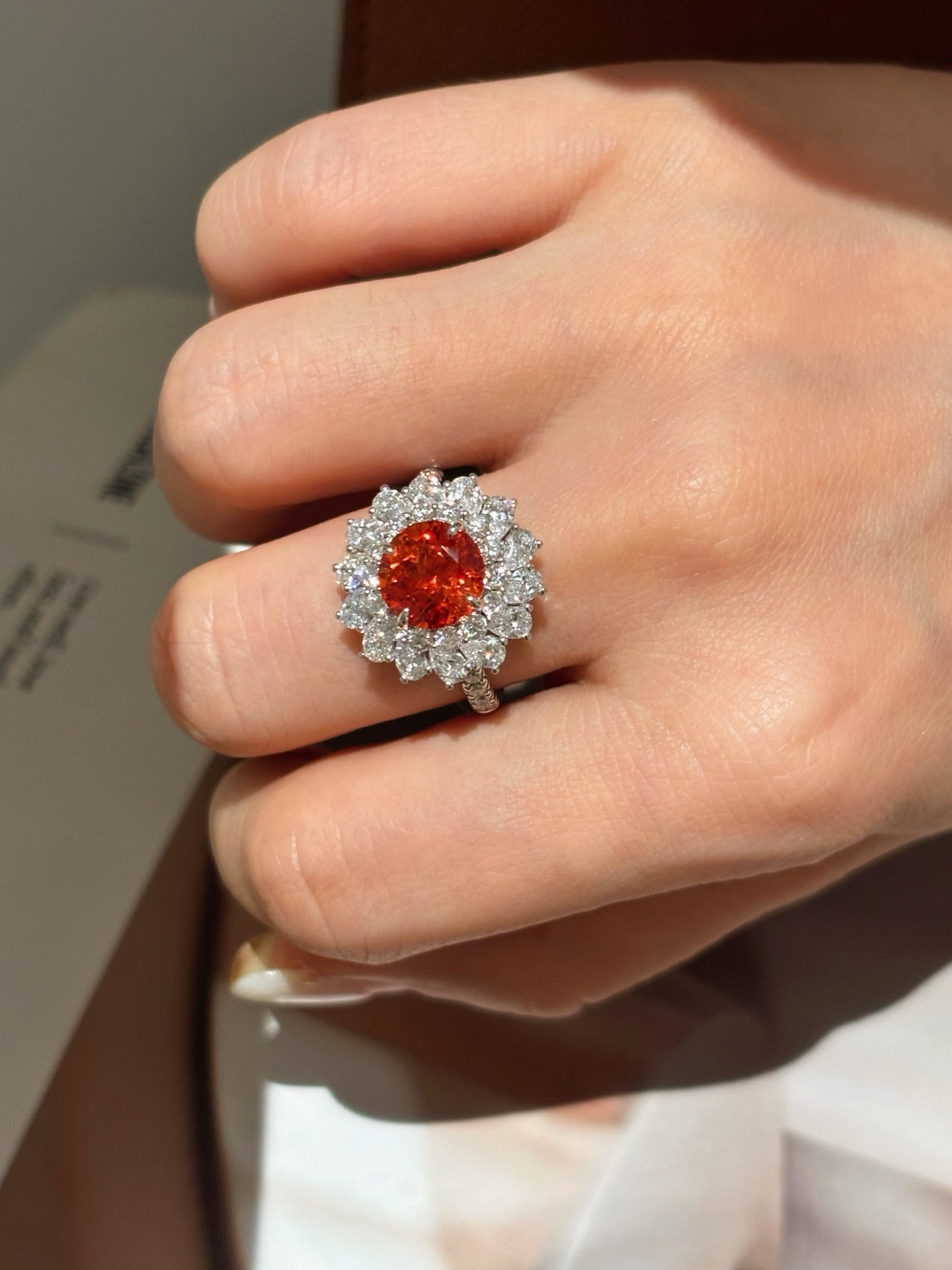 Round Orange Lab-Grown Gemstone with Diamond Double Halo & Pavé Band Engagement Ring | 18K Gold