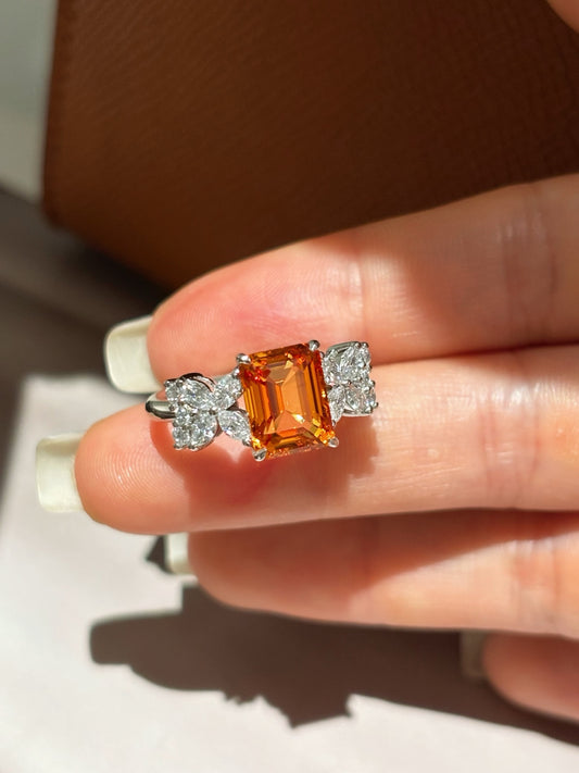 Emerald-Cut Orange Lab-Grown Gemstone with Marquise & Round Diamond Accent Three-Stone Engagement Ring | Platinum