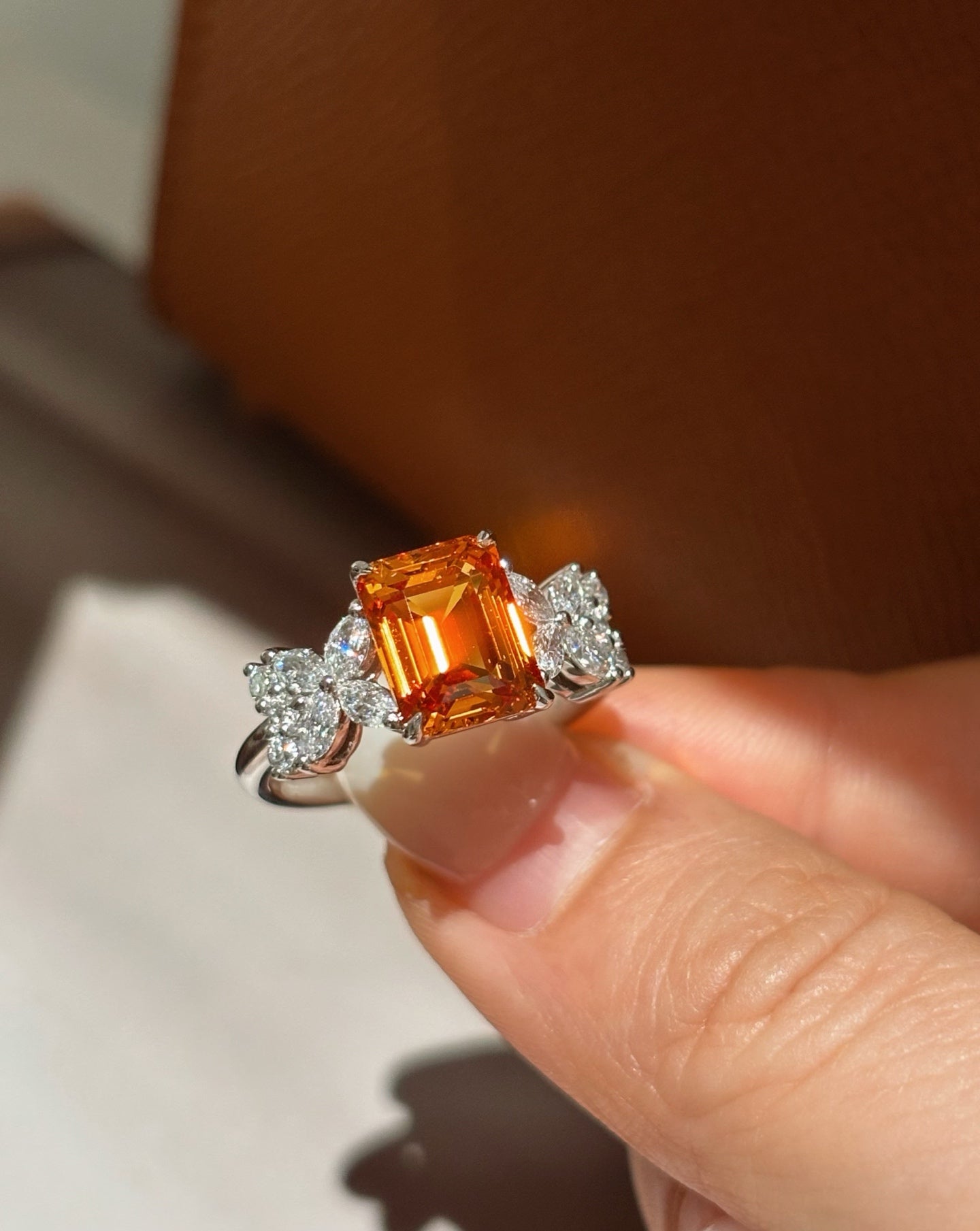 Emerald-Cut Orange Lab-Grown Gemstone with Marquise & Round Diamond Accent Three-Stone Engagement Ring | Platinum