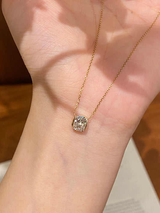 Lab-Grown Cushion Cut Diamond Floating Pendant Necklace | 18K Gold