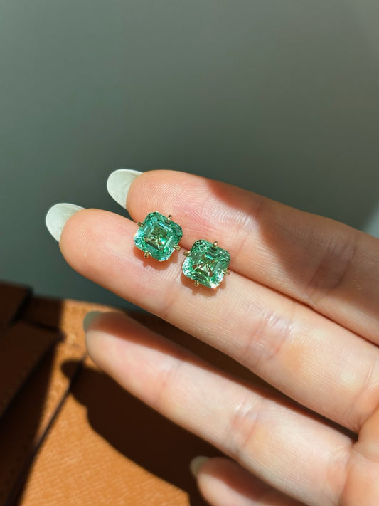 Asscher-Cut Paraiba Color Lab-Grown Diamond Solitaire Stud Earrings | 18K Gold