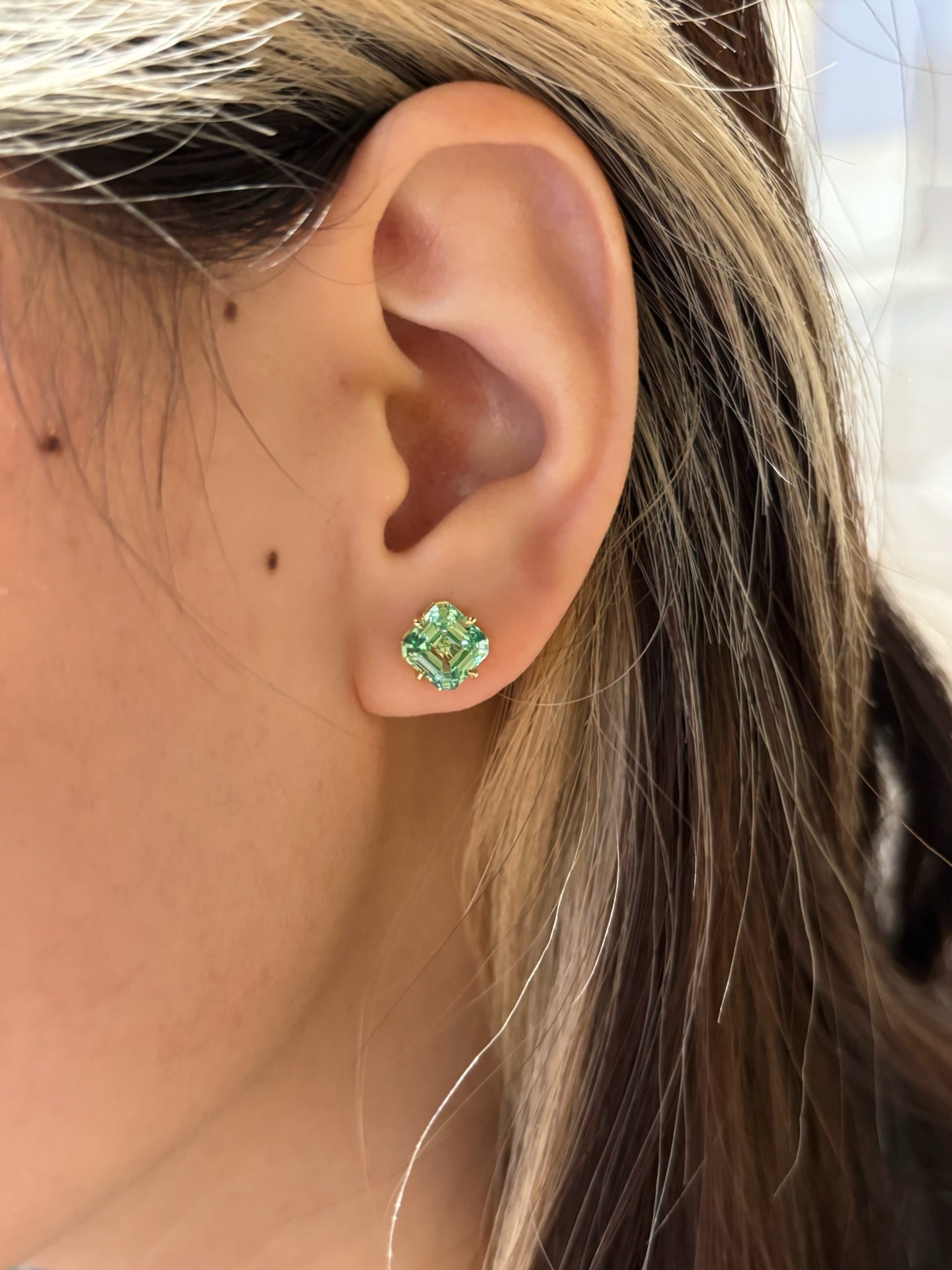 Asscher-Cut Paraiba Color Lab-Grown Diamond Solitaire Stud Earrings | 18K Gold