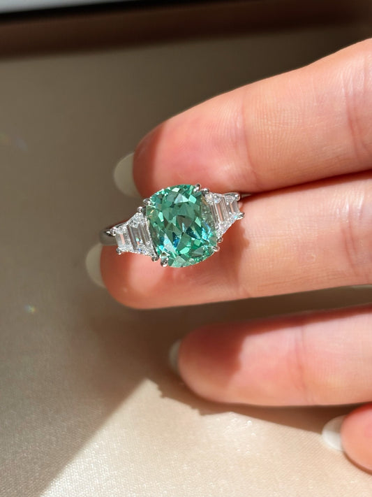 4.32 carat Cushion-CutParaiba Color Lab-Grown Diamond Three-Stone Engagement Ring | Platinum