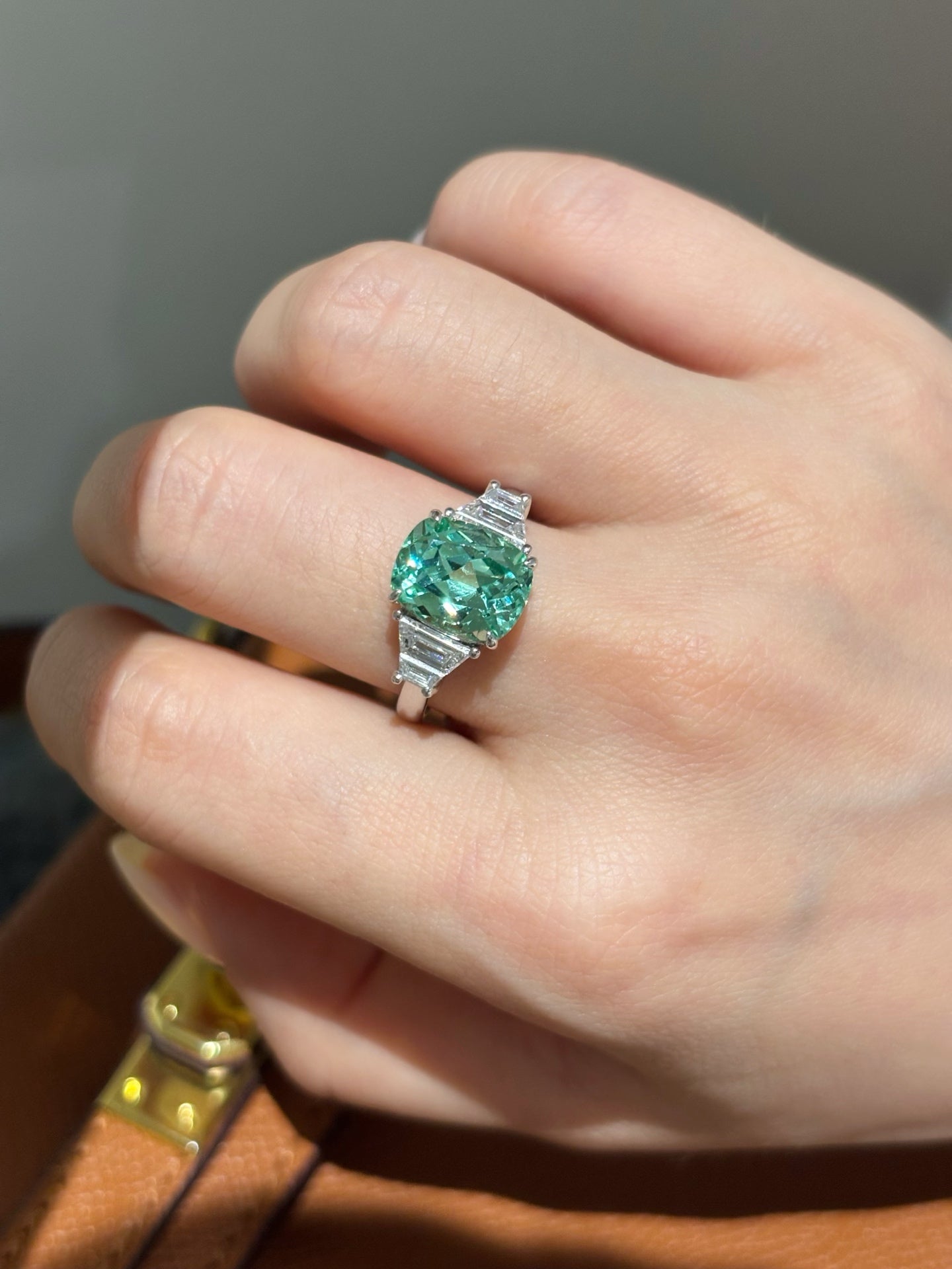 4.32 carat Cushion-CutParaiba Color Lab-Grown Diamond Three-Stone Engagement Ring | Platinum