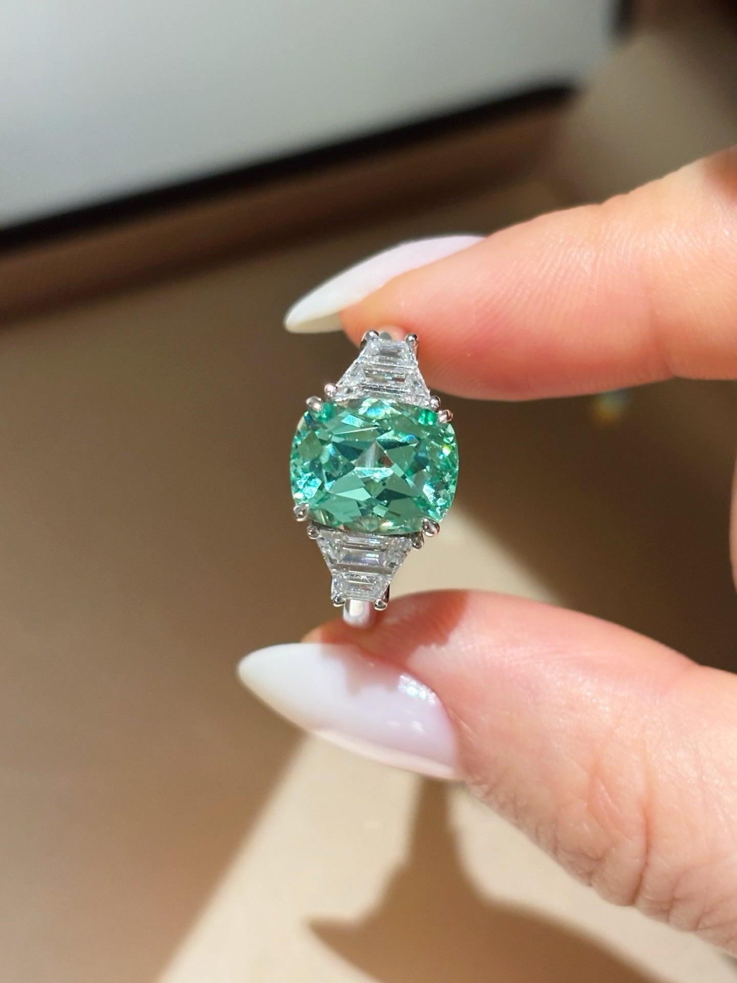 4.32 carat Cushion-CutParaiba Color Lab-Grown Diamond Three-Stone Engagement Ring | Platinum