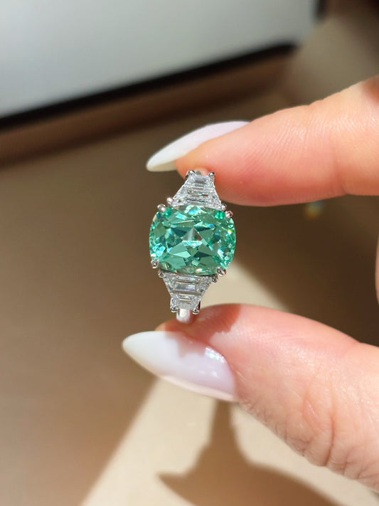4.32 carat Cushion-CutParaiba Color Lab-Grown Diamond Three-Stone Engagement Ring | Platinum