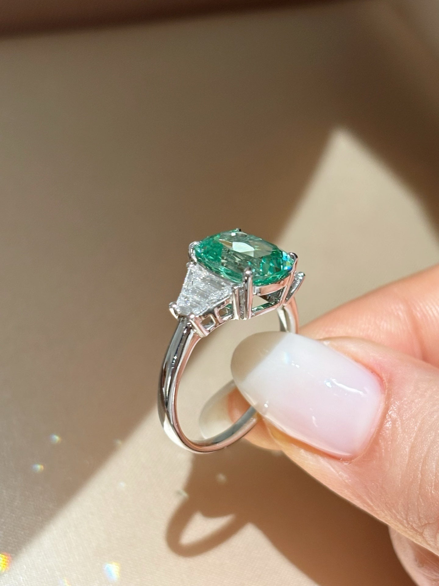 4.32 carat Cushion-CutParaiba Color Lab-Grown Diamond Three-Stone Engagement Ring | Platinum