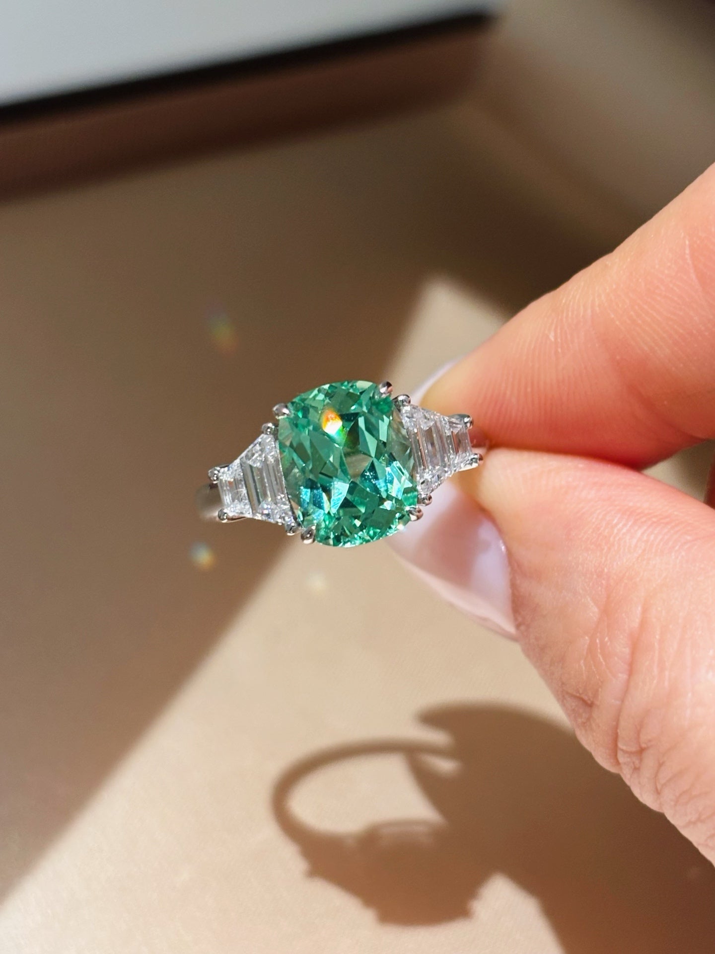 4.32 carat Cushion-CutParaiba Color Lab-Grown Diamond Three-Stone Engagement Ring | Platinum