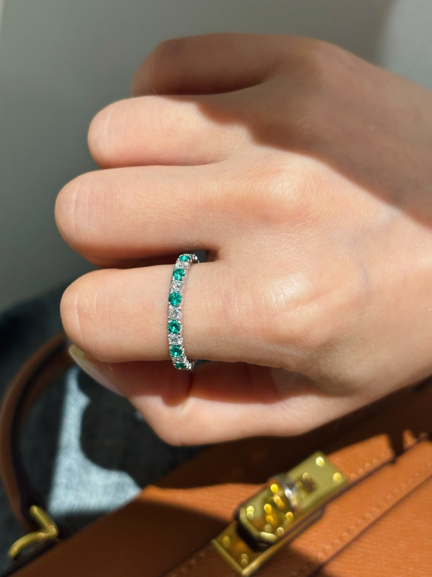 Lab-Grown Emerald & Diamond Alternating Half Eternity Band Ring | Platinum