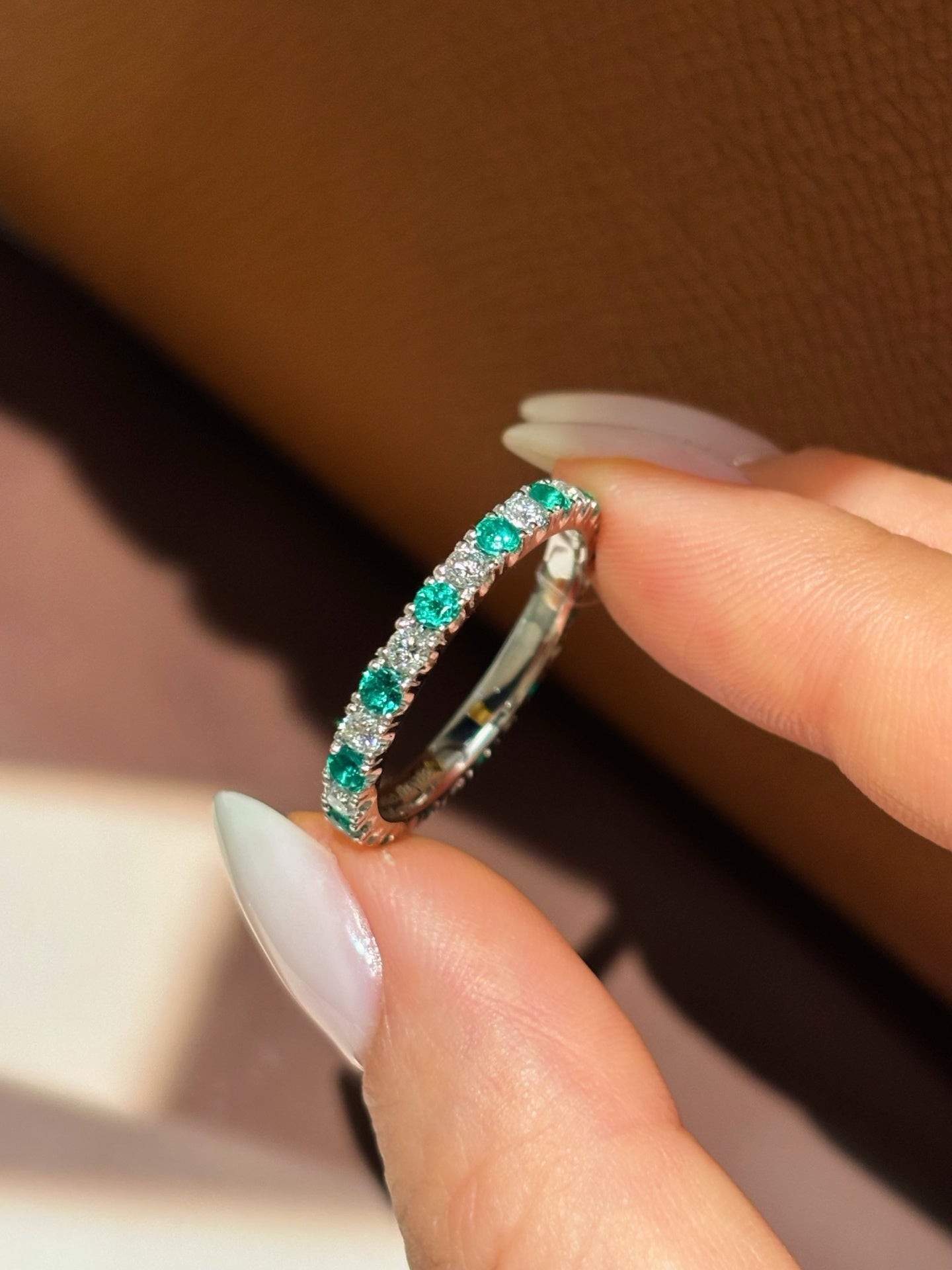 Lab-Grown Emerald & Diamond Alternating Half Eternity Band Ring | Platinum