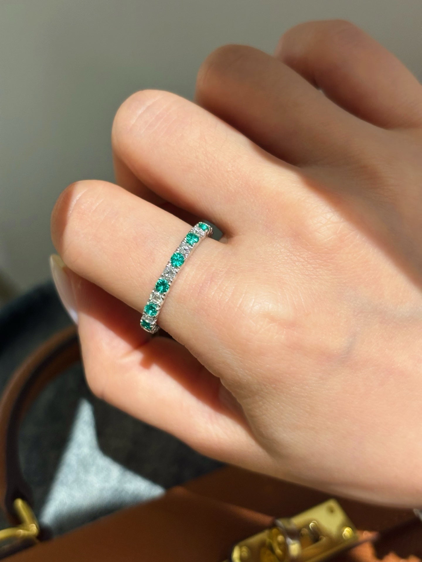 Lab-Grown Emerald & Diamond Alternating Half Eternity Band Ring | Platinum