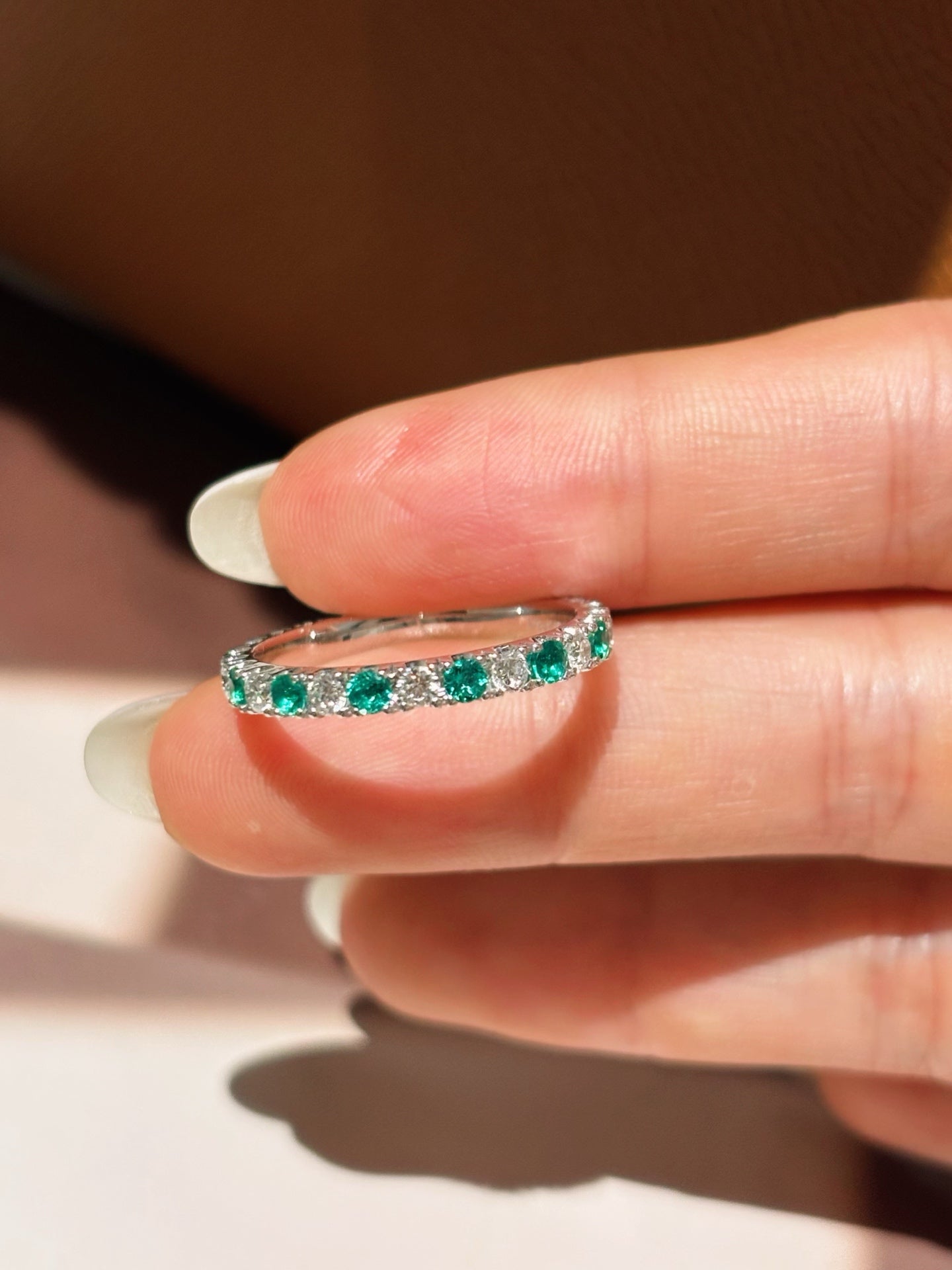 Lab-Grown Emerald & Diamond Alternating Half Eternity Band Ring | Platinum